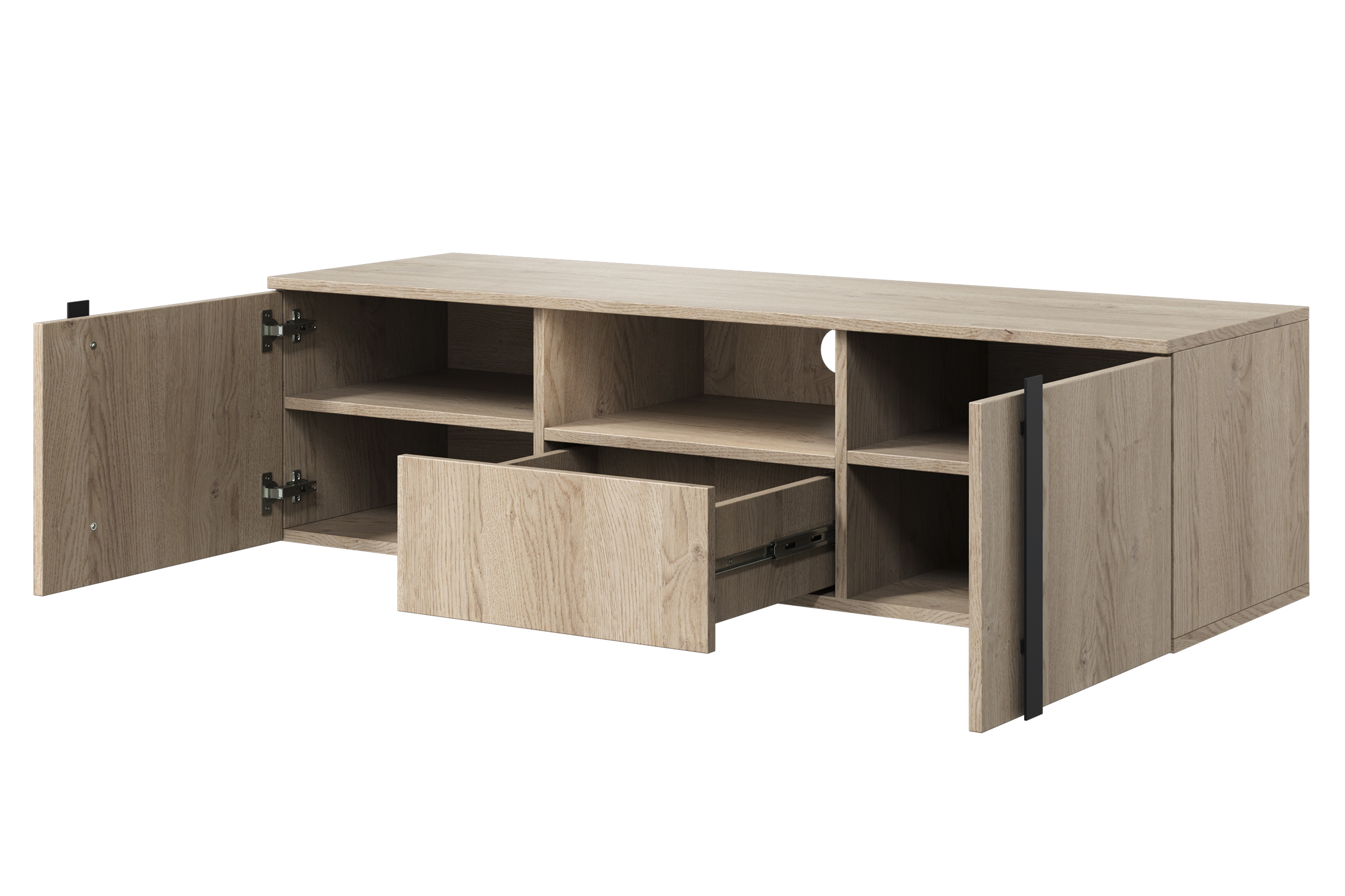 Závesný TV stolík Verica 150 cm s otvorenými priehradkami a zásuvkou - dub biszkoptový / čierne úchyty TV skrinka závesná Verica 150 cm z wneka i szuflada - Dub biszkoptowy / čierny úchyty