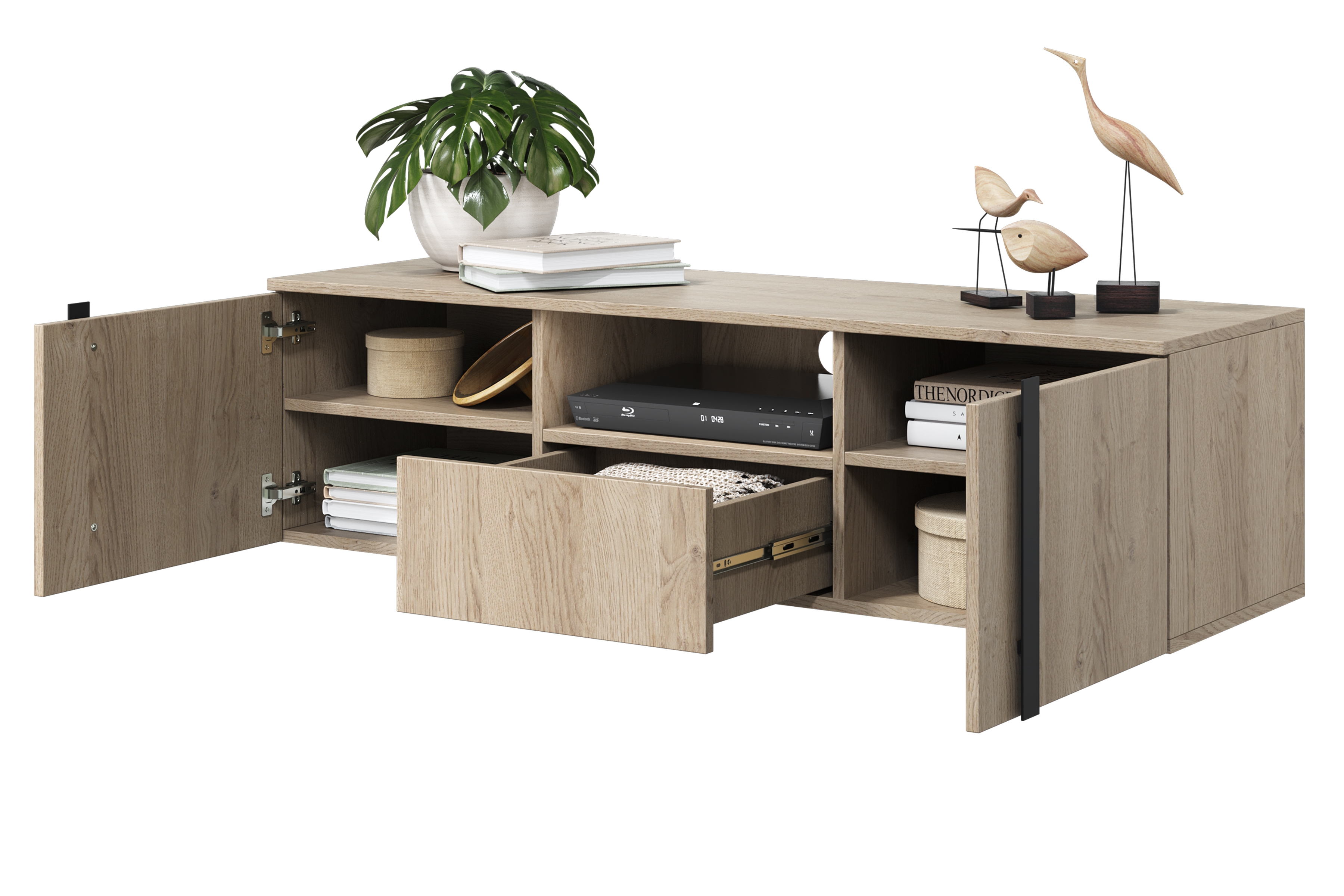 Závesný TV stolík Verica 150 cm s otvorenými priehradkami a zásuvkou - dub biszkoptový / čierne úchyty TV skrinka závesná Verica 150 cm z wneka i szuflada - Dub biszkoptowy / čierny úchyty