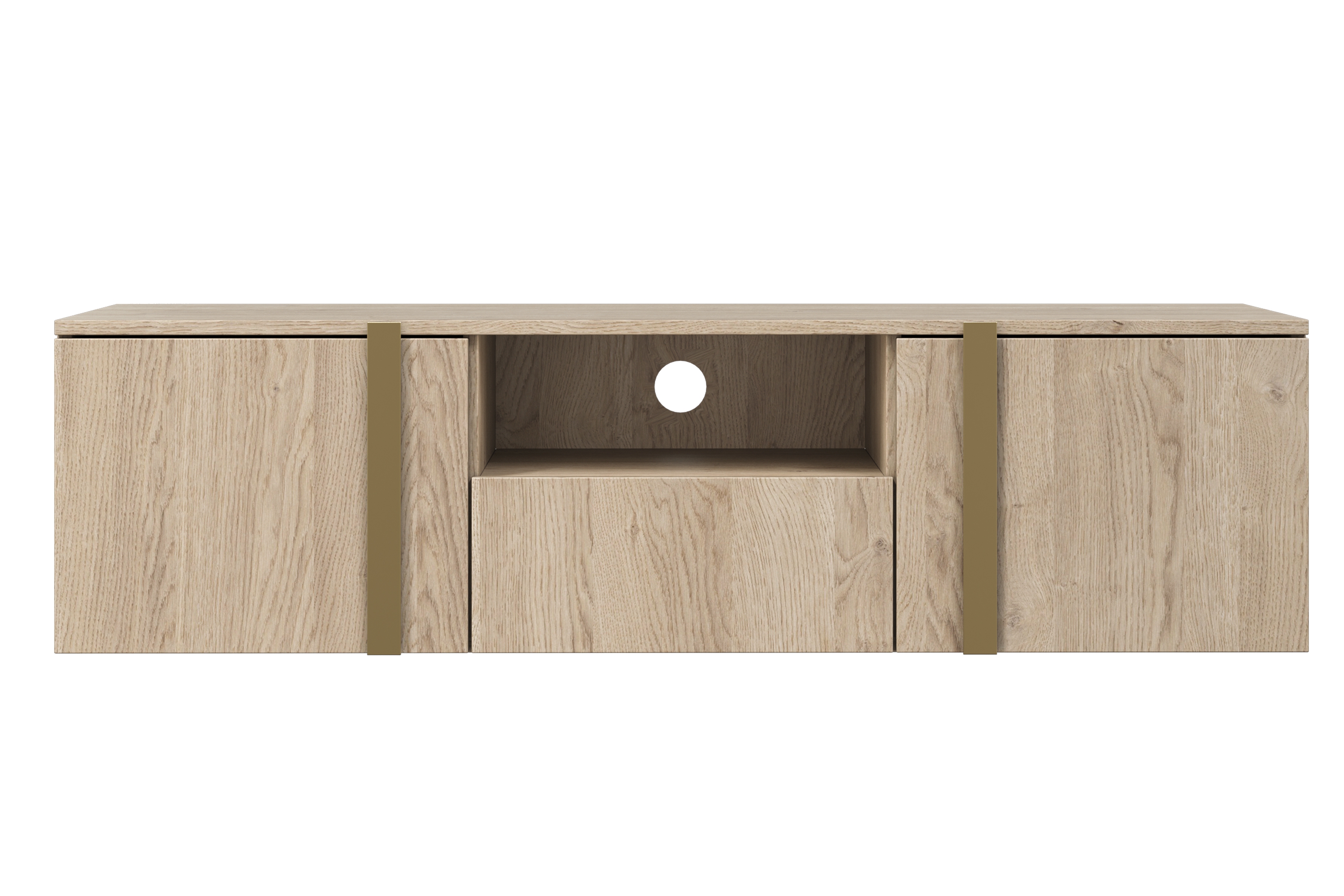 Závesný TV stolík Verica s otvorenou policou 150 cm - dub piškótový / zlaté úchytky TV skrinka závesná Verica 150 cm z wneka i szuflada - Dub biszkoptowy / zlote úchyty