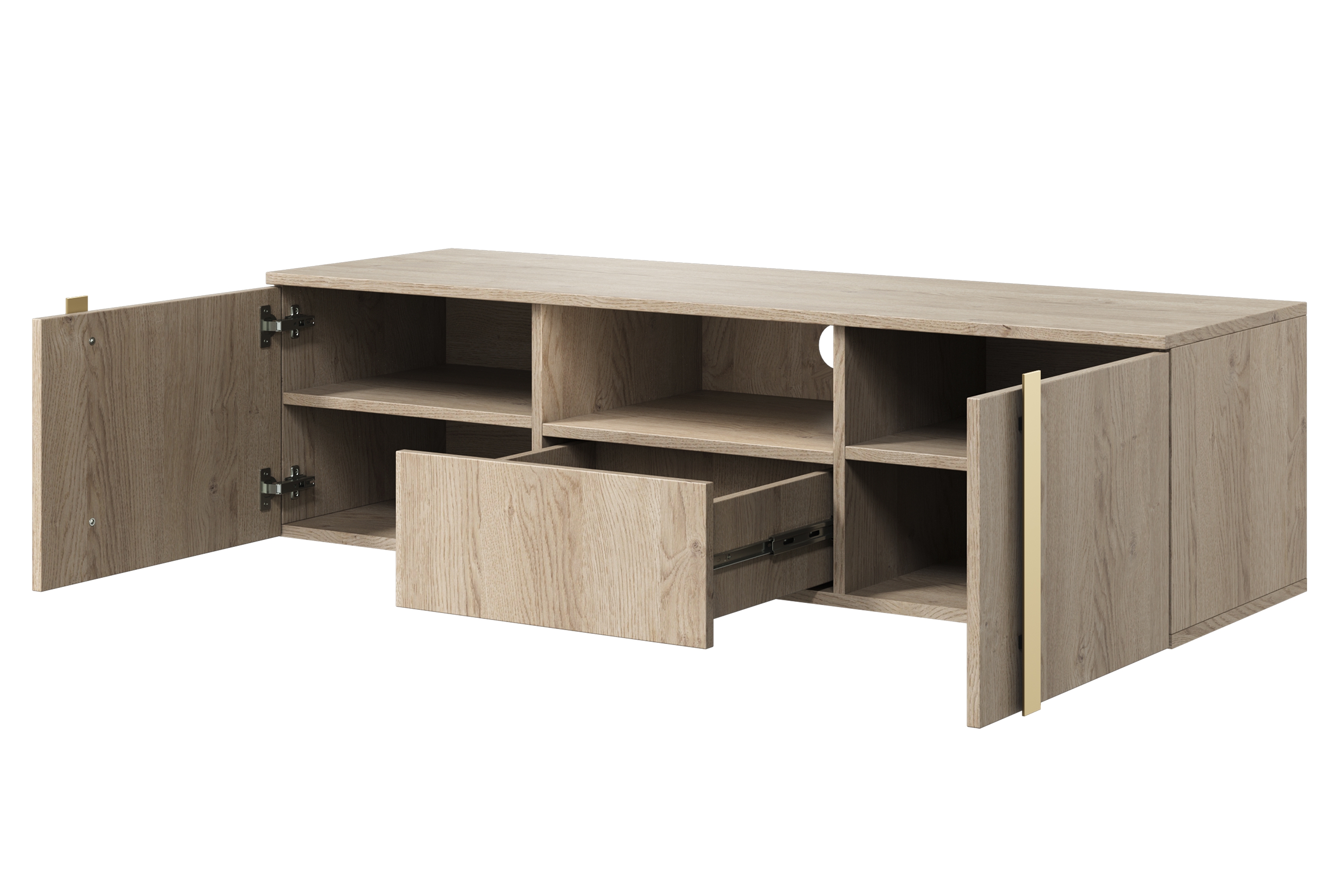 Závesný TV stolík Verica s otvorenou policou 150 cm - dub piškótový / zlaté úchytky TV skrinka závesná Verica 150 cm z wneka i szuflada - Dub biszkoptowy / zlote úchyty