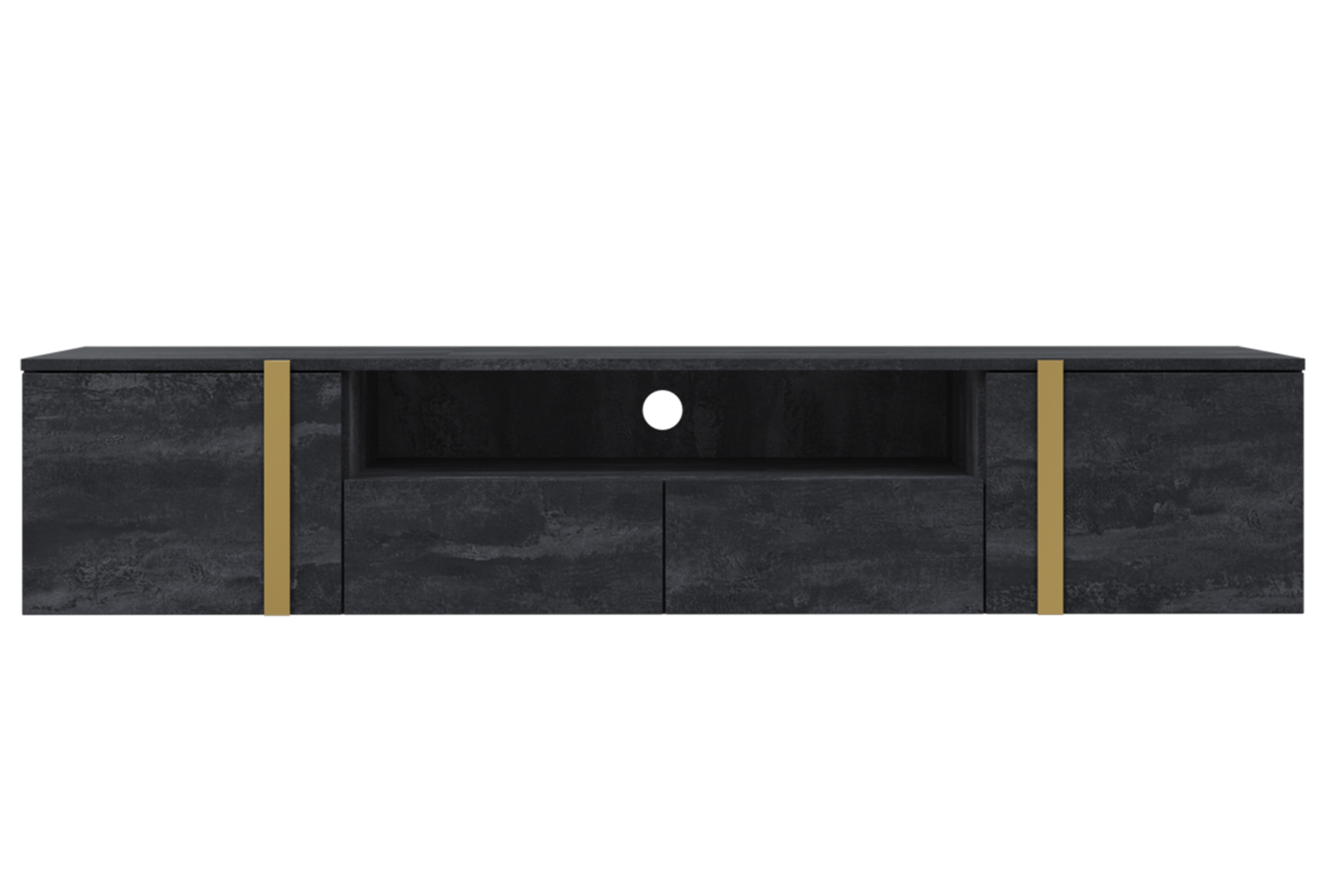 Závesný TV stolík Verica 200 cm so zásuvkami a kovovými úchytkami - čierny betón / zlaté úchyty - Limitovaná ponuka TV skrinka závesná Verica 200 cm so zásuvkami i metalowymi uchwytami - Čierny beton / zlote úchyty