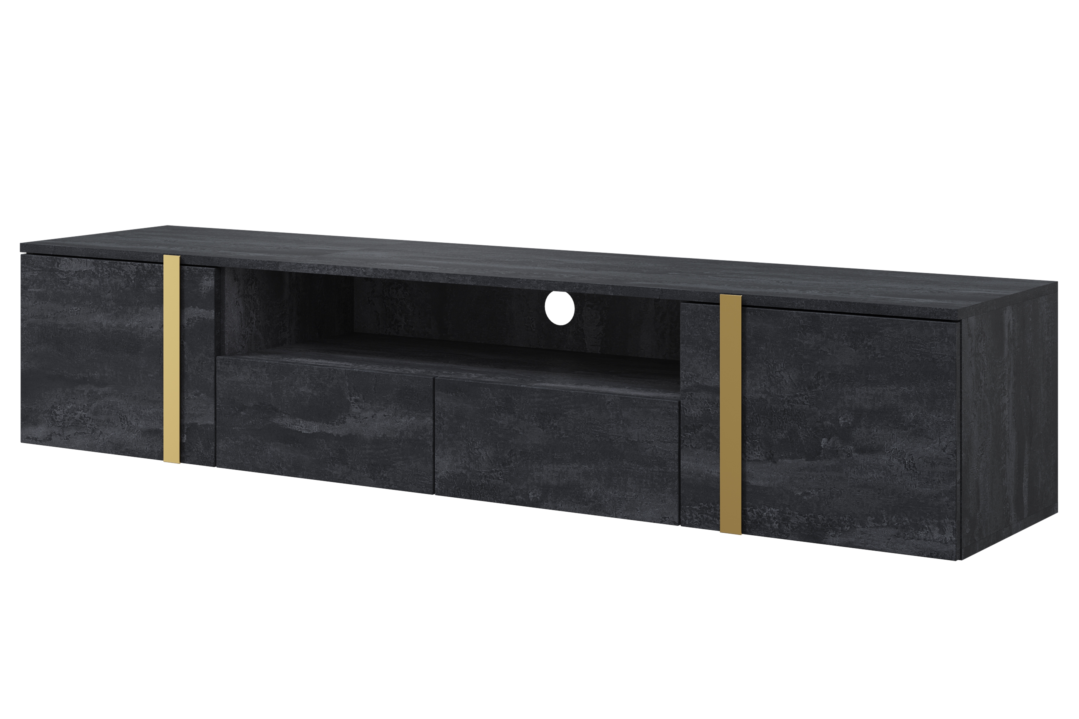 Závesný TV stolík Verica 200 cm so zásuvkami a kovovými úchytkami - čierny betón / zlaté úchyty - Limitovaná ponuka TV skrinka závesná Verica 200 cm so zásuvkami i metalowymi uchwytami - Čierny beton / zlote úchyty