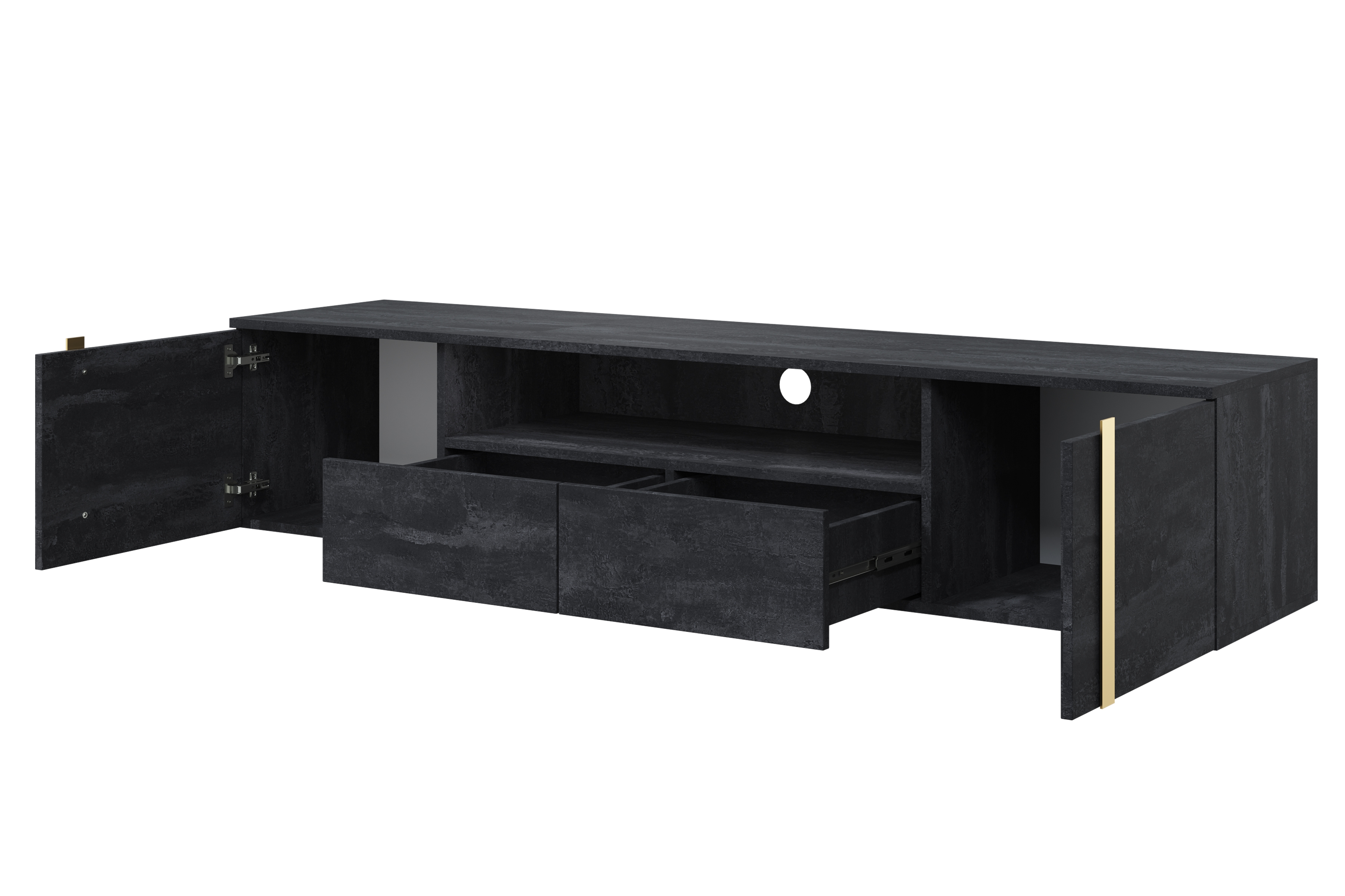 Závesný TV stolík Verica 200 cm so zásuvkami a kovovými úchytkami - čierny betón / zlaté úchyty - Limitovaná ponuka TV skrinka závesná Verica 200 cm so zásuvkami i metalowymi uchwytami - Čierny beton / zlote úchyty