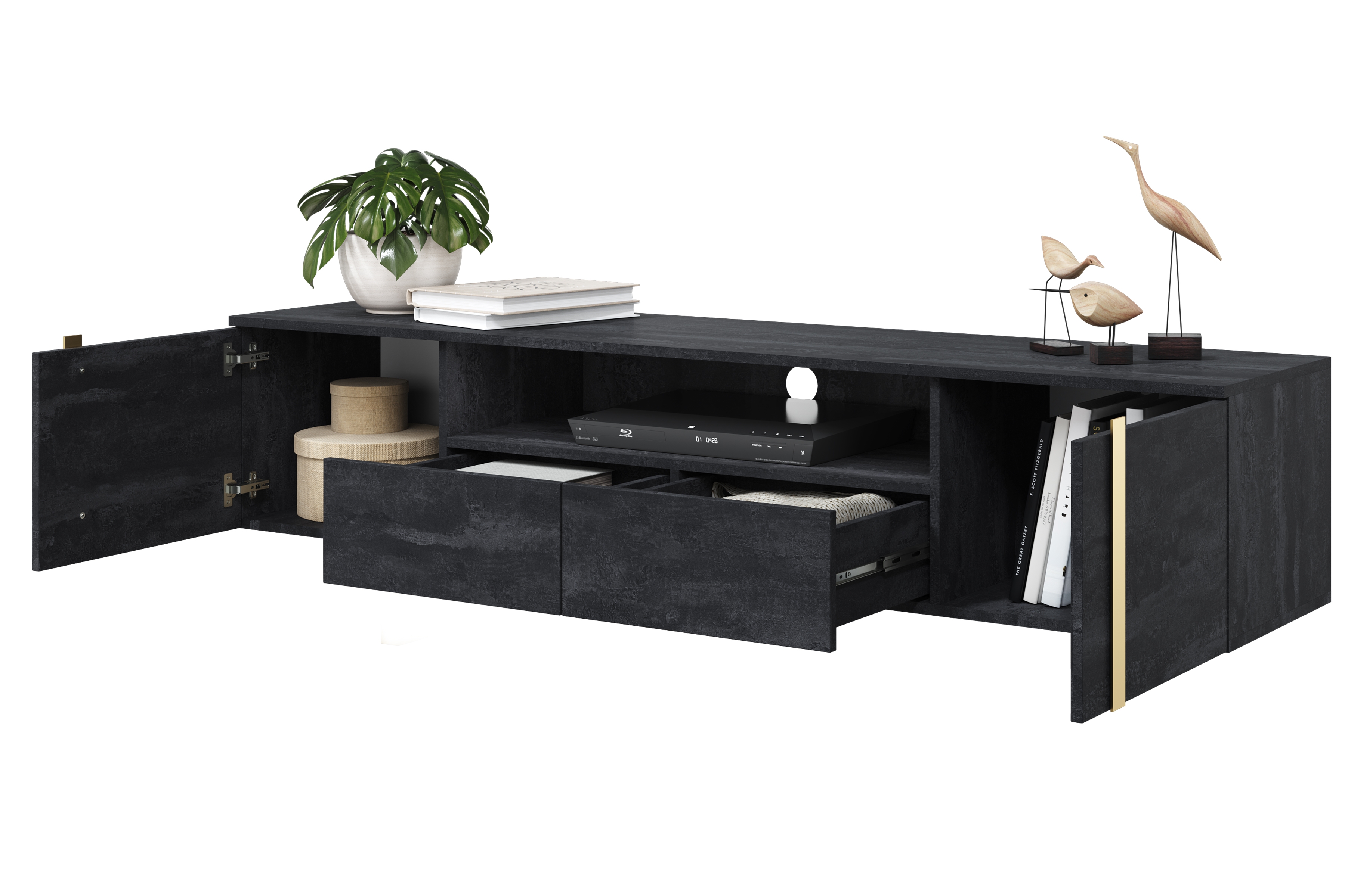 Závesný TV stolík Verica 200 cm so zásuvkami a kovovými úchytkami - čierny betón / zlaté úchyty - Limitovaná ponuka TV skrinka závesná Verica 200 cm so zásuvkami i metalowymi uchwytami - Čierny beton / zlote úchyty