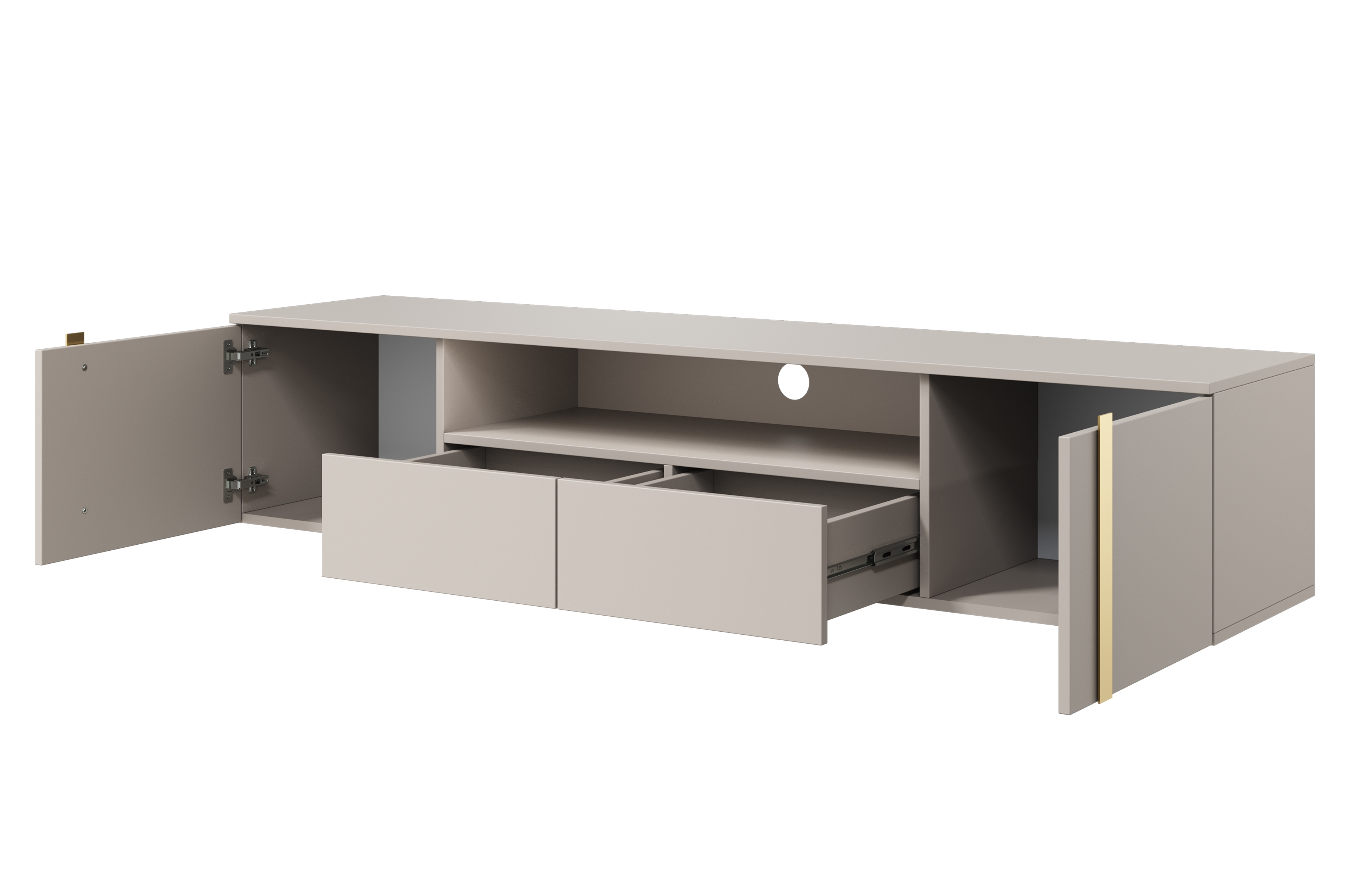 Závěsný TV stolek Verica 200 cm - kašmír / zlaté úchytky skříňka RTV závěsná Verica 200 cm se zásuvkami i metalowymi uchwytami- kašmír / zlote Úchytky