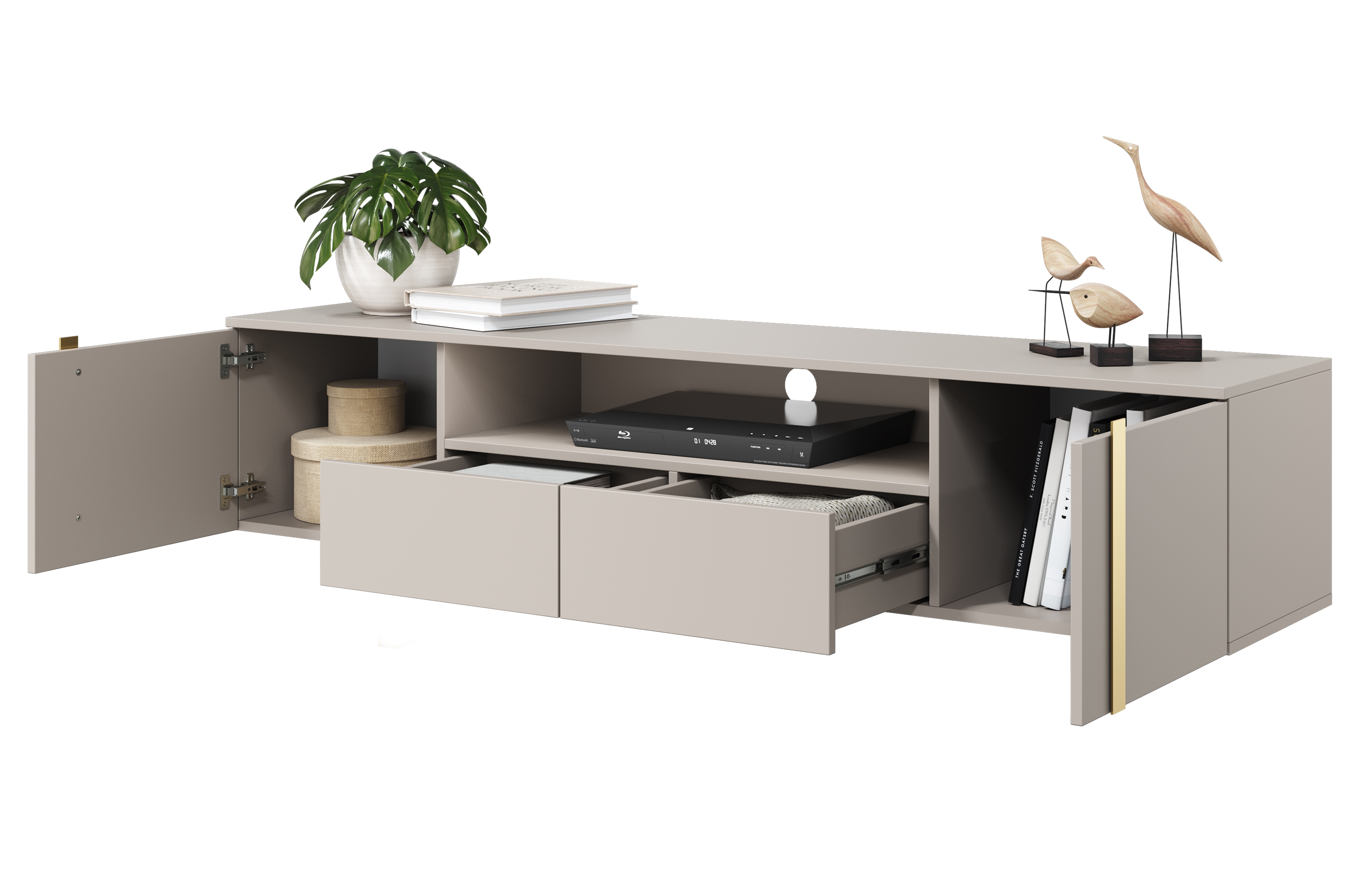 Závěsný TV stolek Verica 200 cm - kašmír / zlaté úchytky skříňka RTV závěsná Verica 200 cm se zásuvkami i metalowymi uchwytami- kašmír / zlote Úchytky