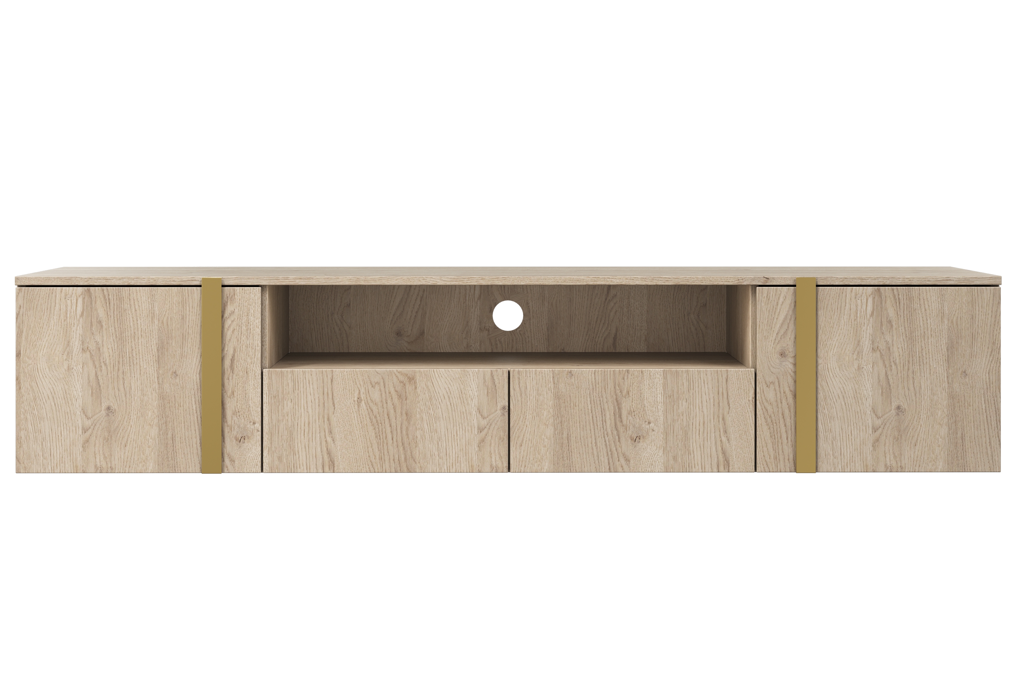 Závesný TV stolík Verica s otvorenou policou 200 cm - dub piškótový / zlaté úchytky TV skrinka závesná Verica 200 cm so zásuvkami i metalowymi uchwytami 200 cm - Dub biszkoptowy / zlote úchyty