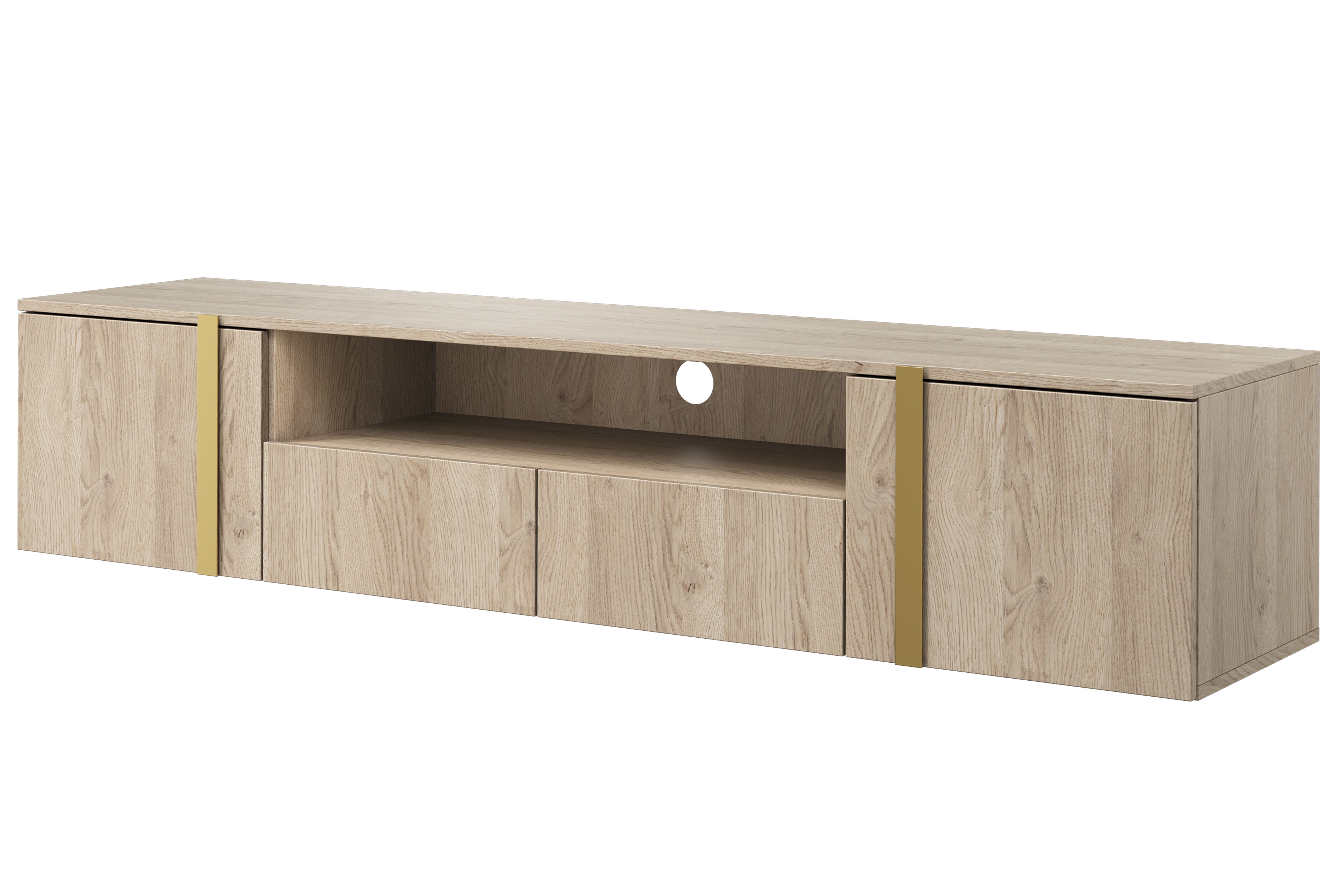 Závesný TV stolík Verica s otvorenou policou 200 cm - dub piškótový / zlaté úchytky TV skrinka závesná Verica 200 cm so zásuvkami i metalowymi uchwytami 200 cm - Dub biszkoptowy / zlote úchyty