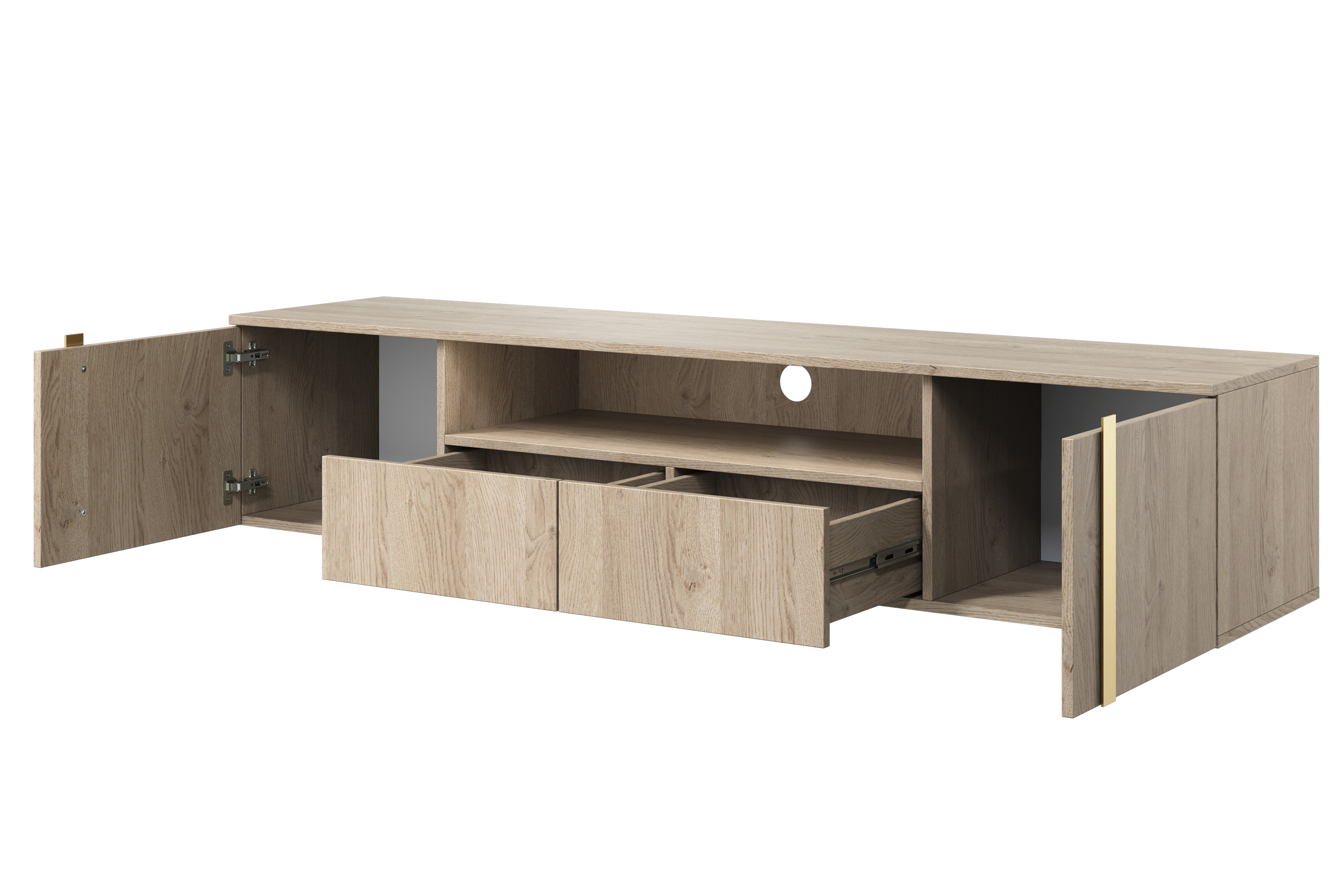 Závesný TV stolík Verica s otvorenou policou 200 cm - dub piškótový / zlaté úchytky TV skrinka závesná Verica 200 cm so zásuvkami i metalowymi uchwytami 200 cm - Dub biszkoptowy / zlote úchyty