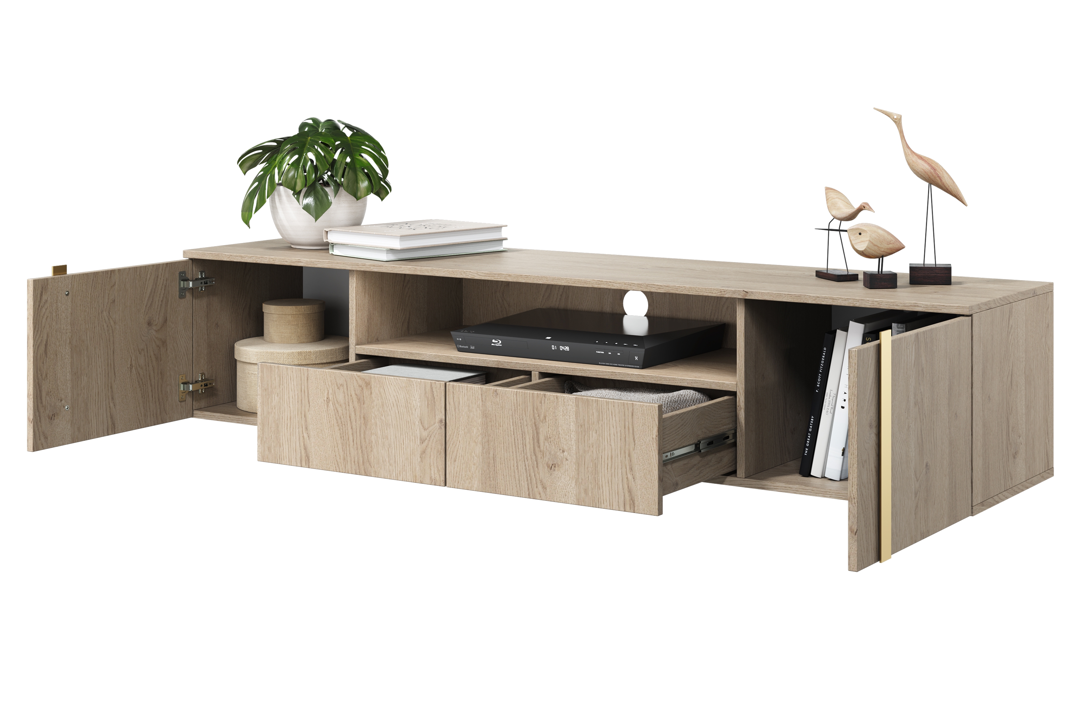 Závesný TV stolík Verica s otvorenou policou 200 cm - dub piškótový / zlaté úchytky TV skrinka závesná Verica 200 cm so zásuvkami i metalowymi uchwytami 200 cm - Dub biszkoptowy / zlote úchyty