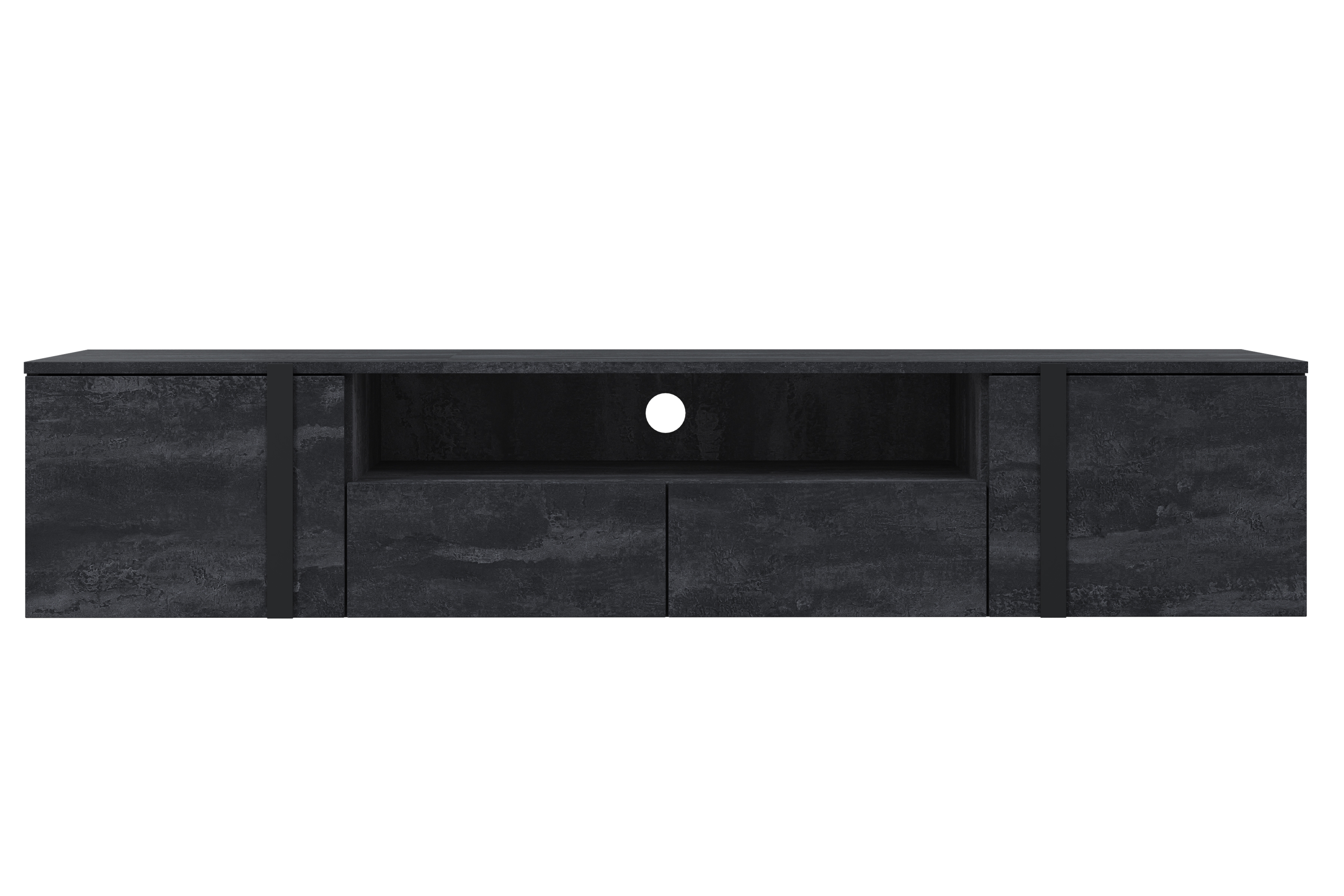 TV skrinka závesná Verica 200 cm so zásuvkami i wneka - Čierny beton / čierny úchyty - Limitovaná ponuka TV skrinka závesná Verica 200 cm so zásuvkami i wneka - Čierny beton / čierny úchyty