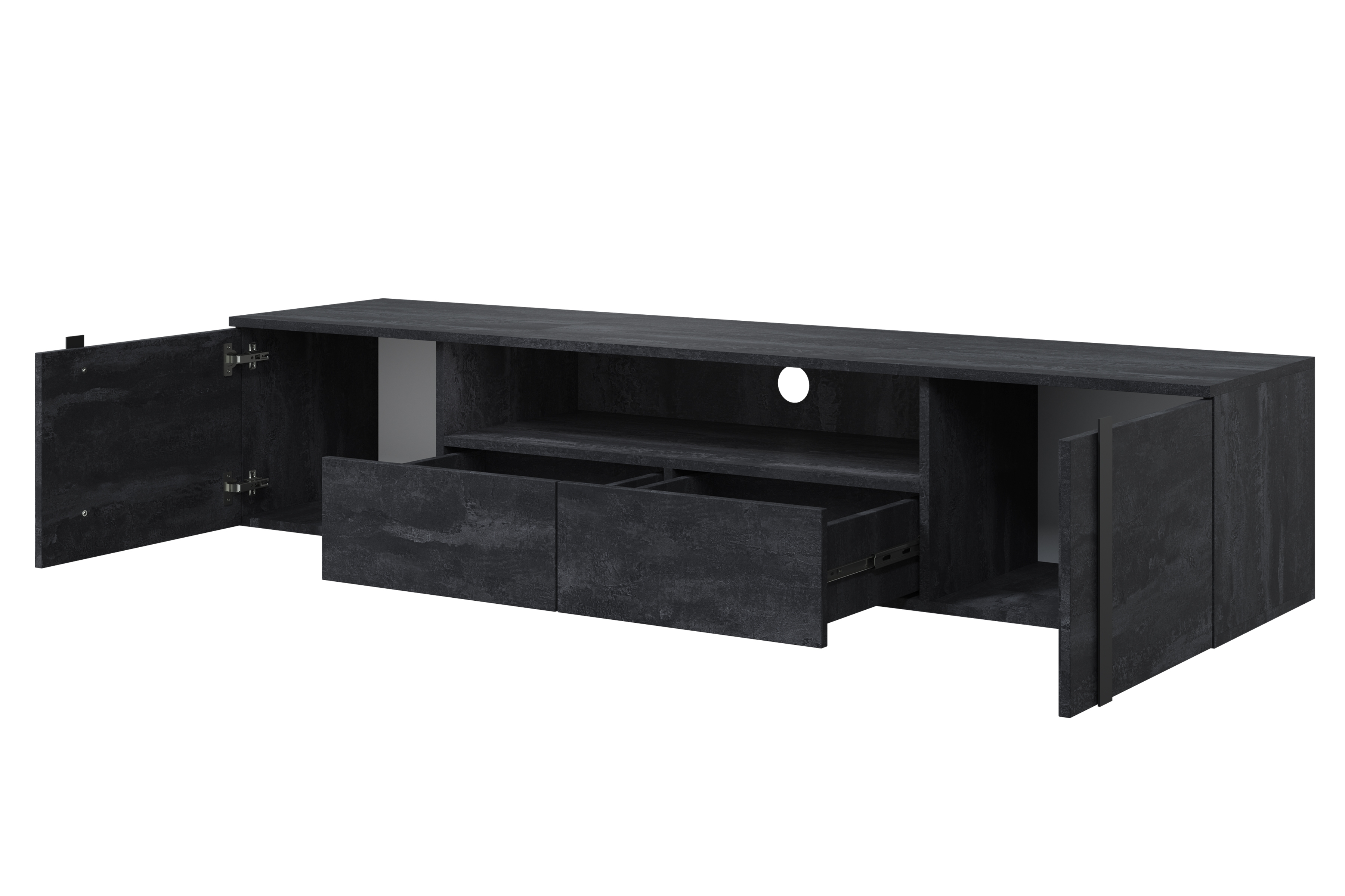 TV skrinka závesná Verica 200 cm so zásuvkami i wneka - Čierny beton / čierny úchyty - Limitovaná ponuka TV skrinka závesná Verica 200 cm so zásuvkami i wneka - Čierny beton / čierny úchyty