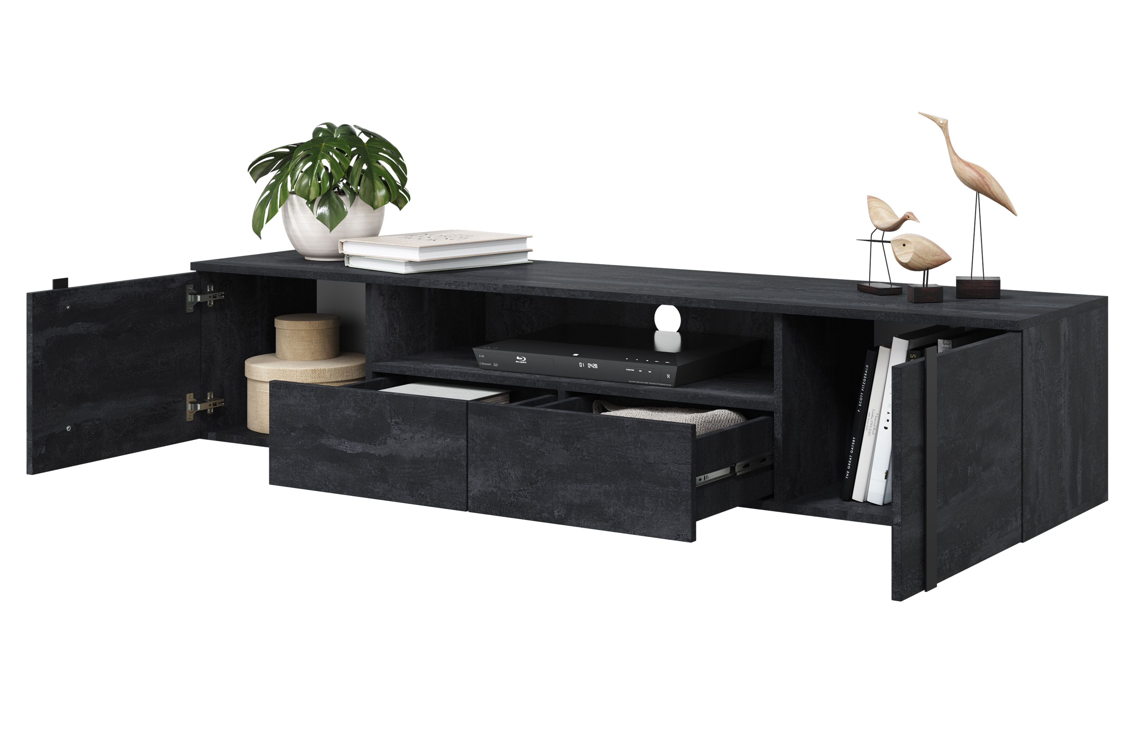 TV skrinka závesná Verica 200 cm so zásuvkami i wneka - Čierny beton / čierny úchyty - Limitovaná ponuka TV skrinka závesná Verica 200 cm so zásuvkami i wneka - Čierny beton / čierny úchyty