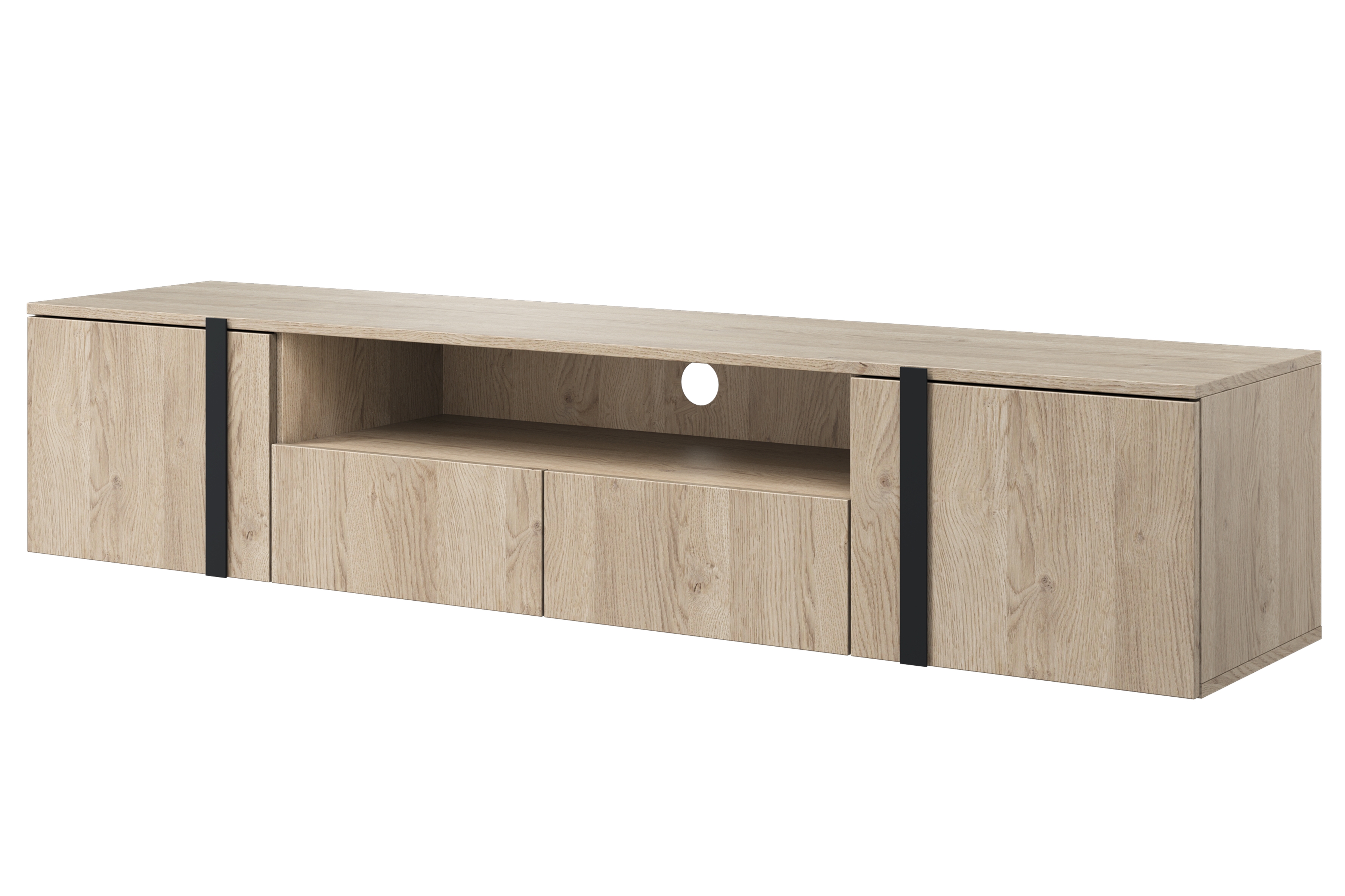 Závesný TV stolík Verica s otvorenou policou 200 cm - dub piškótový / čierne úchytky TV skrinka závesná Verica 200 cm so zásuvkami i wneka - Dub biszkoptowy / čierny úchyty