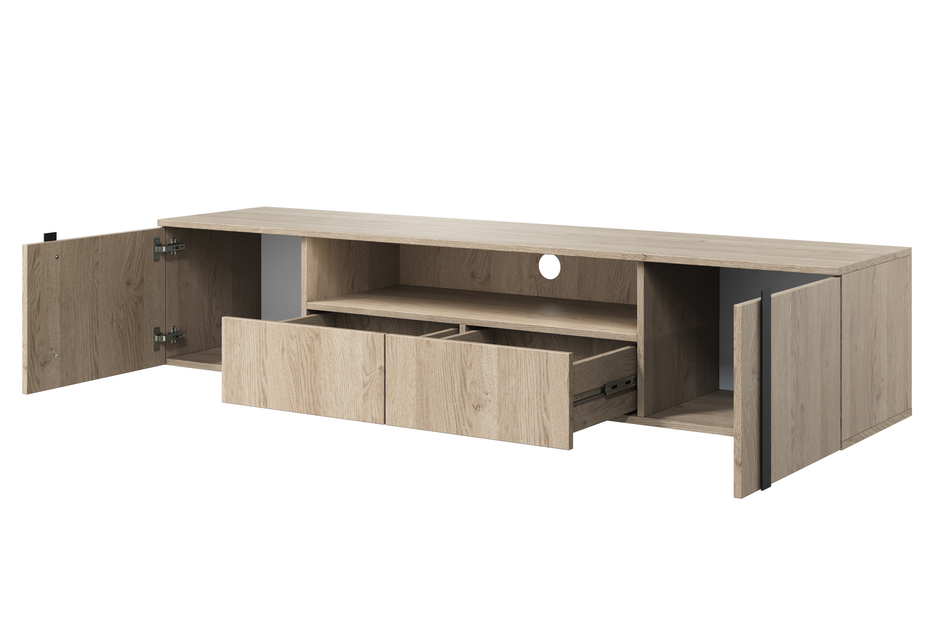 Závesný TV stolík Verica s otvorenou policou 200 cm - dub piškótový / čierne úchytky TV skrinka závesná Verica 200 cm so zásuvkami i wneka - Dub biszkoptowy / čierny úchyty