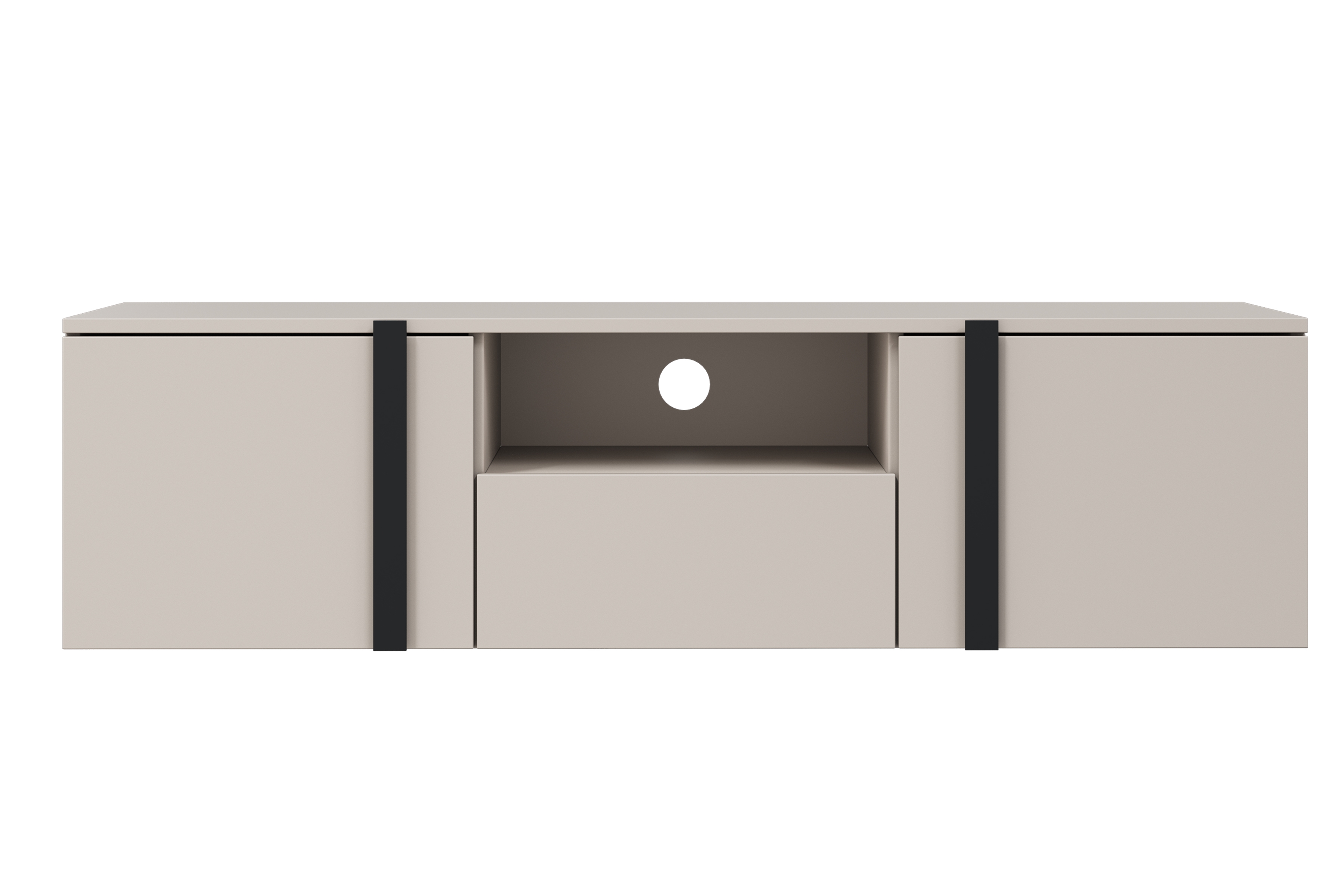 Závesný TV stolík Verica 150 cm s otvorenou policou - kašmírová / čierne úchytky TV skrinka závesná Verica z wneka i szuflada 150 cm - kašmír / čierny úchyty