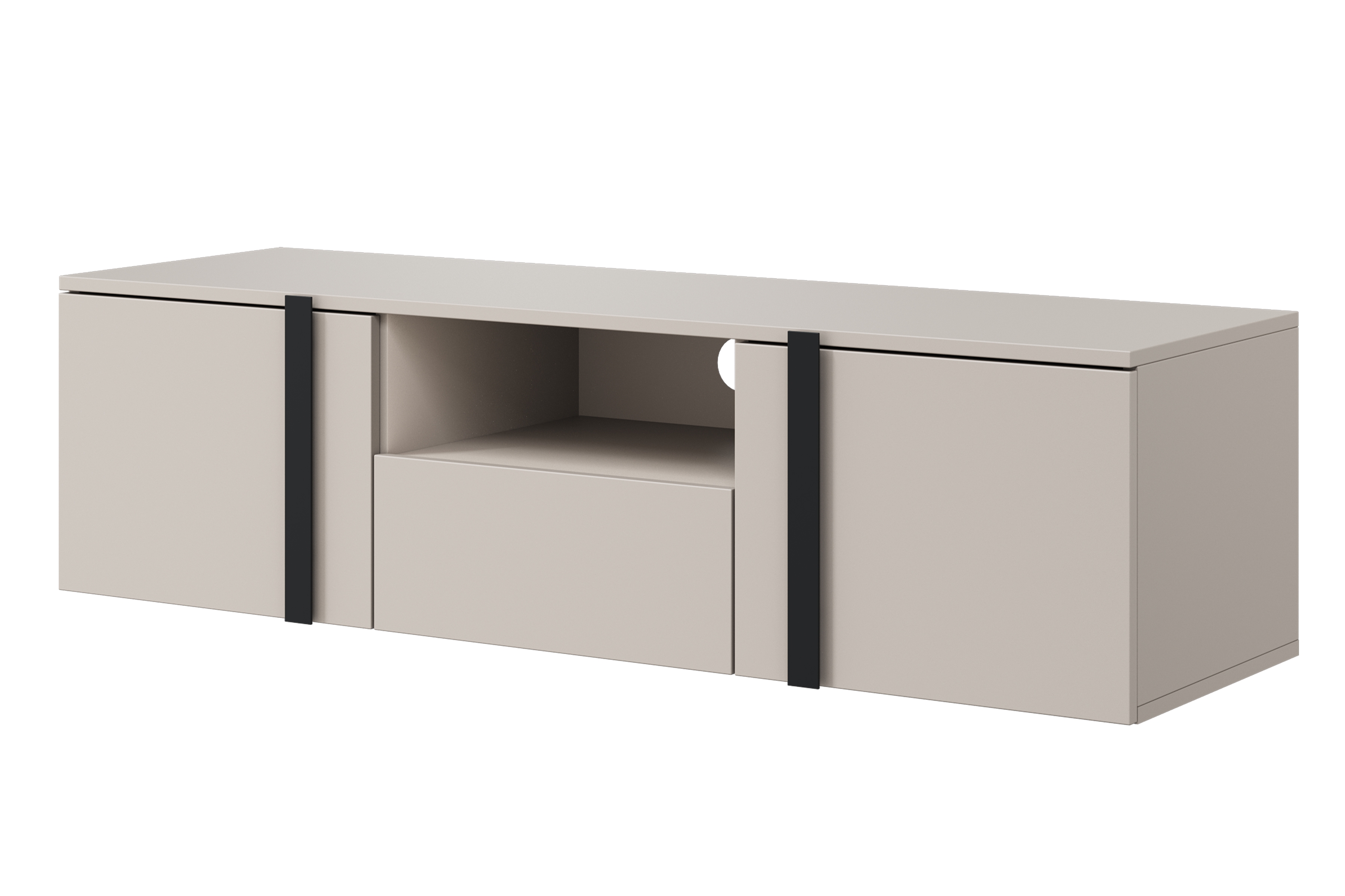 Závesný TV stolík Verica 150 cm s otvorenou policou - kašmírová / čierne úchytky TV skrinka závesná Verica z wneka i szuflada 150 cm - kašmír / čierny úchyty