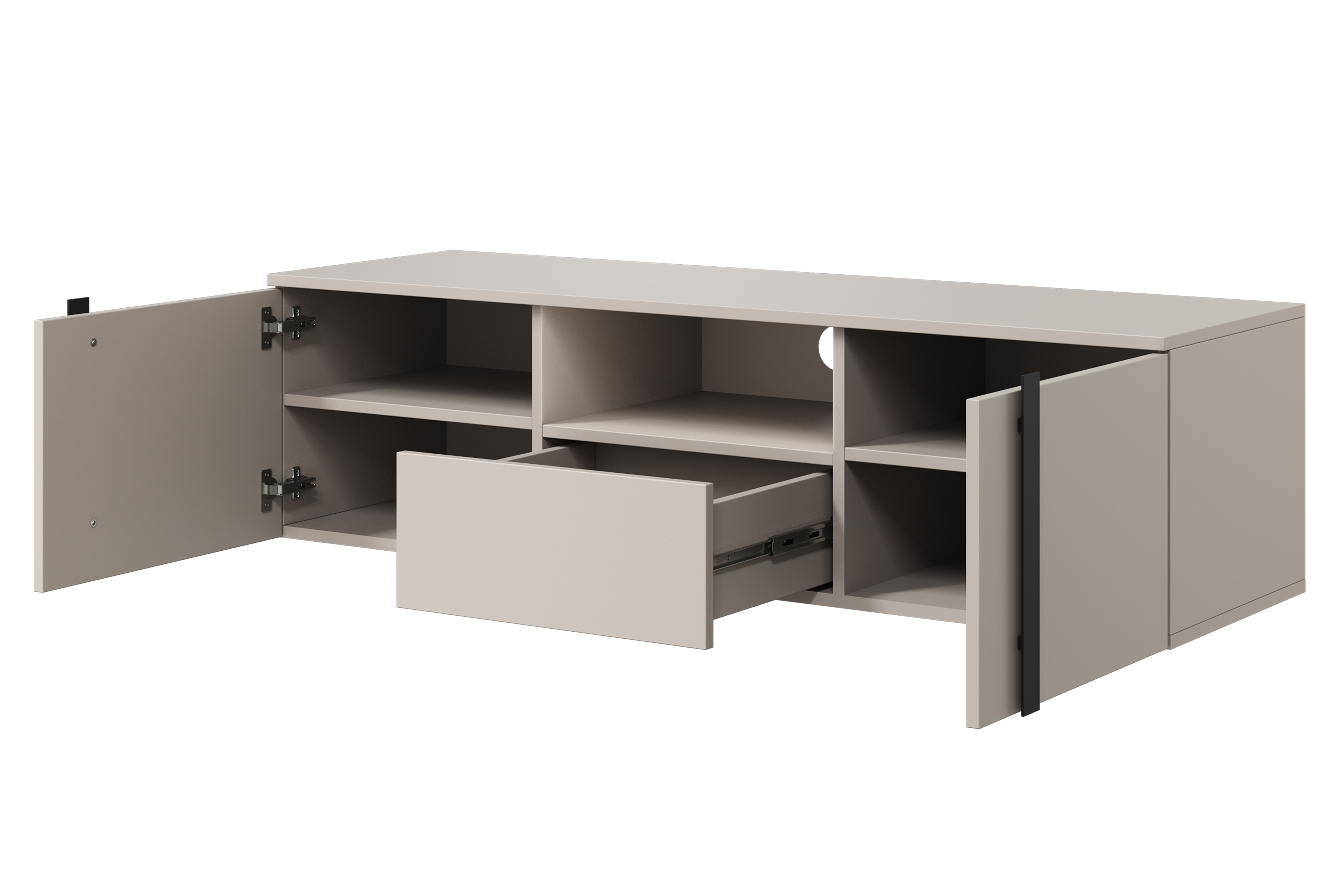 Závesný TV stolík Verica 150 cm s otvorenou policou - kašmírová / čierne úchytky TV skrinka závesná Verica z wneka i szuflada 150 cm - kašmír / čierny úchyty