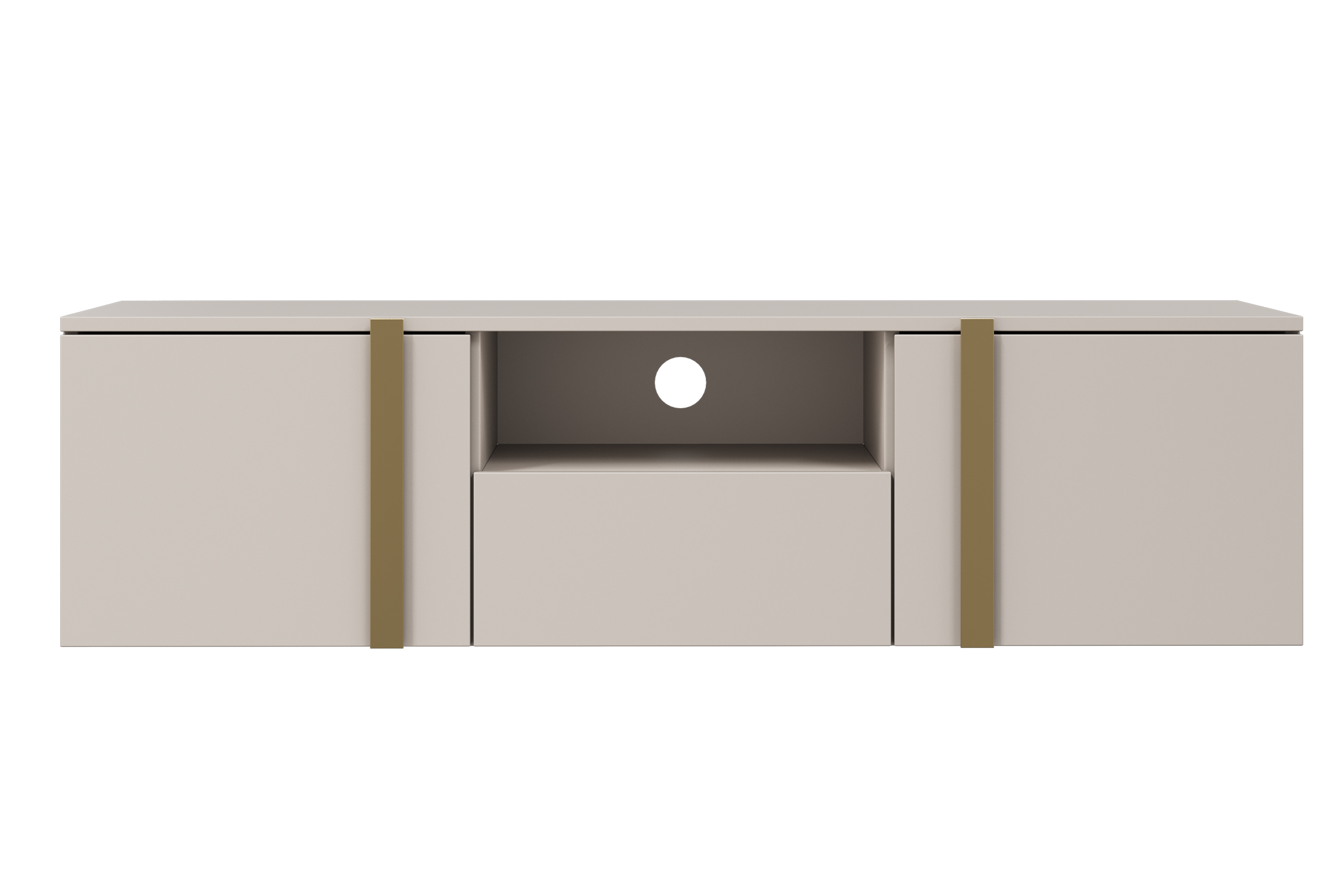 Závesný TV stolík Verica 150 cm s otvorenou policou - kašmírová / zlaté úchytky TV skrinka závesná Verica z wneka i szuflada 150 cm - kašmír / zlote úchyty