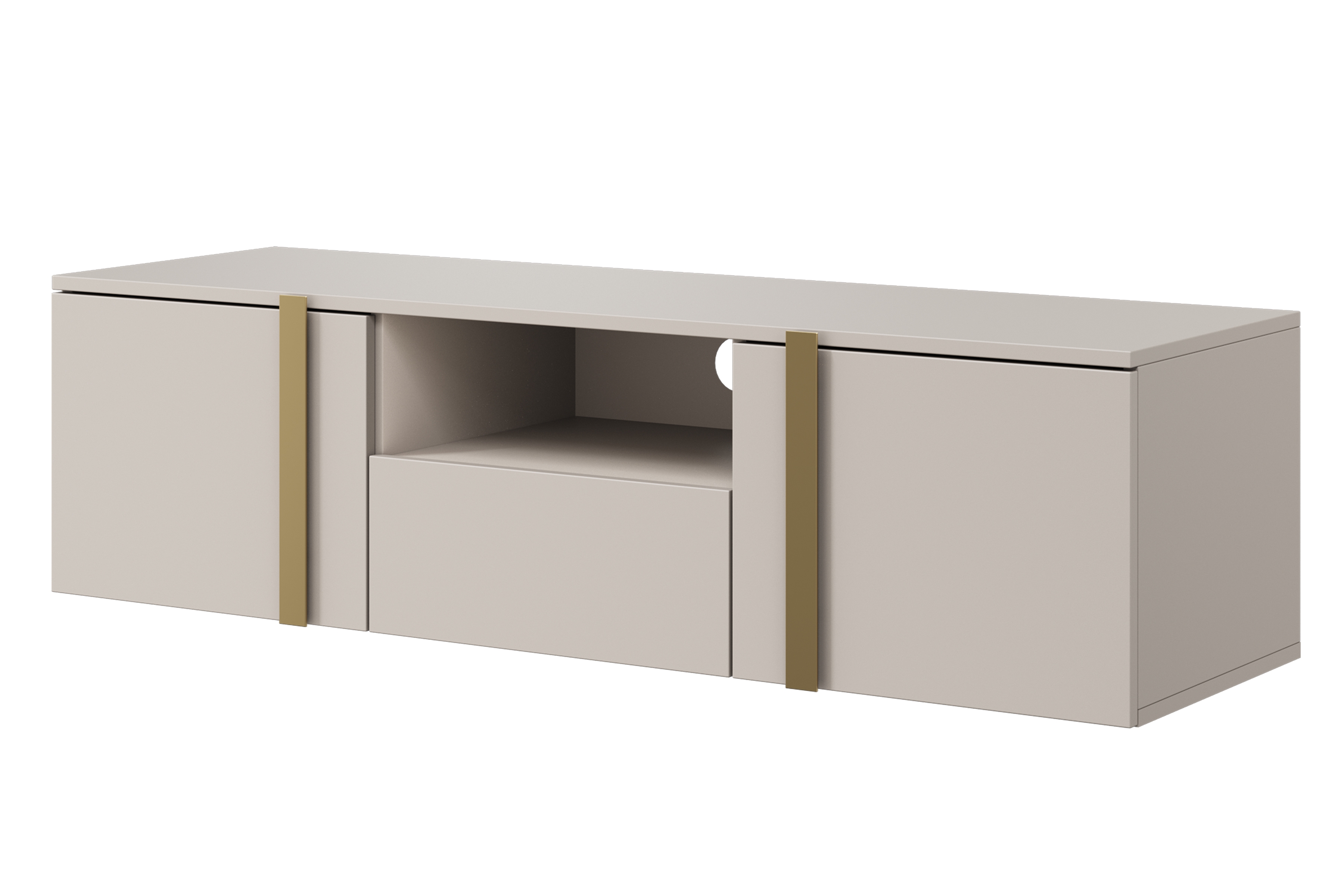 Závesný TV stolík Verica 150 cm s otvorenou policou - kašmírová / zlaté úchytky TV skrinka závesná Verica z wneka i szuflada 150 cm - kašmír / zlote úchyty
