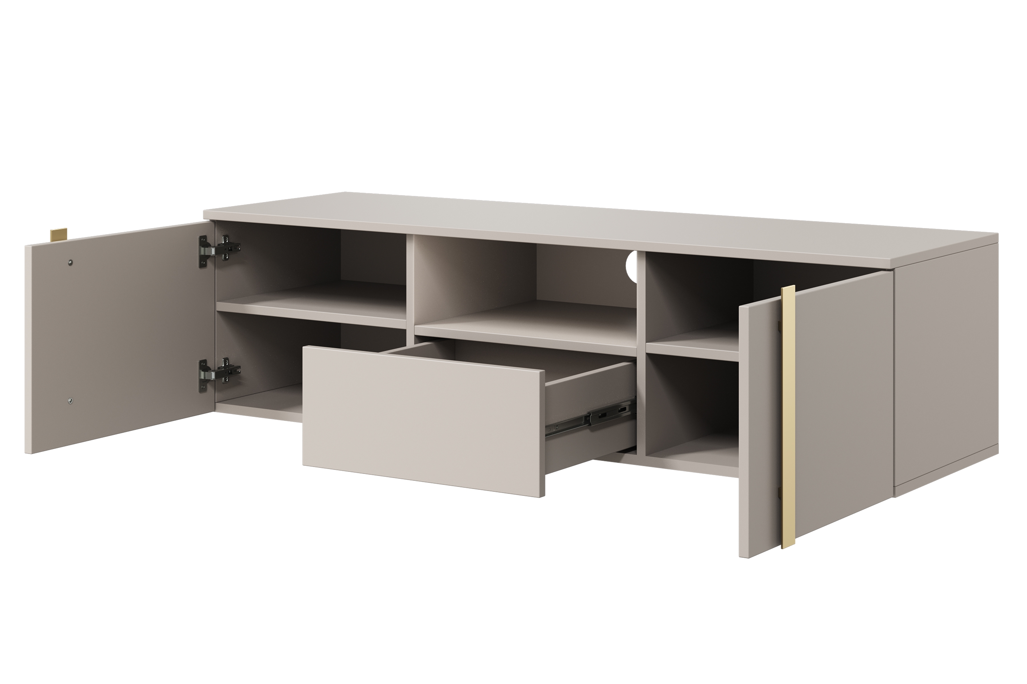 Závesný TV stolík Verica 150 cm s otvorenou policou - kašmírová / zlaté úchytky TV skrinka závesná Verica z wneka i szuflada 150 cm - kašmír / zlote úchyty