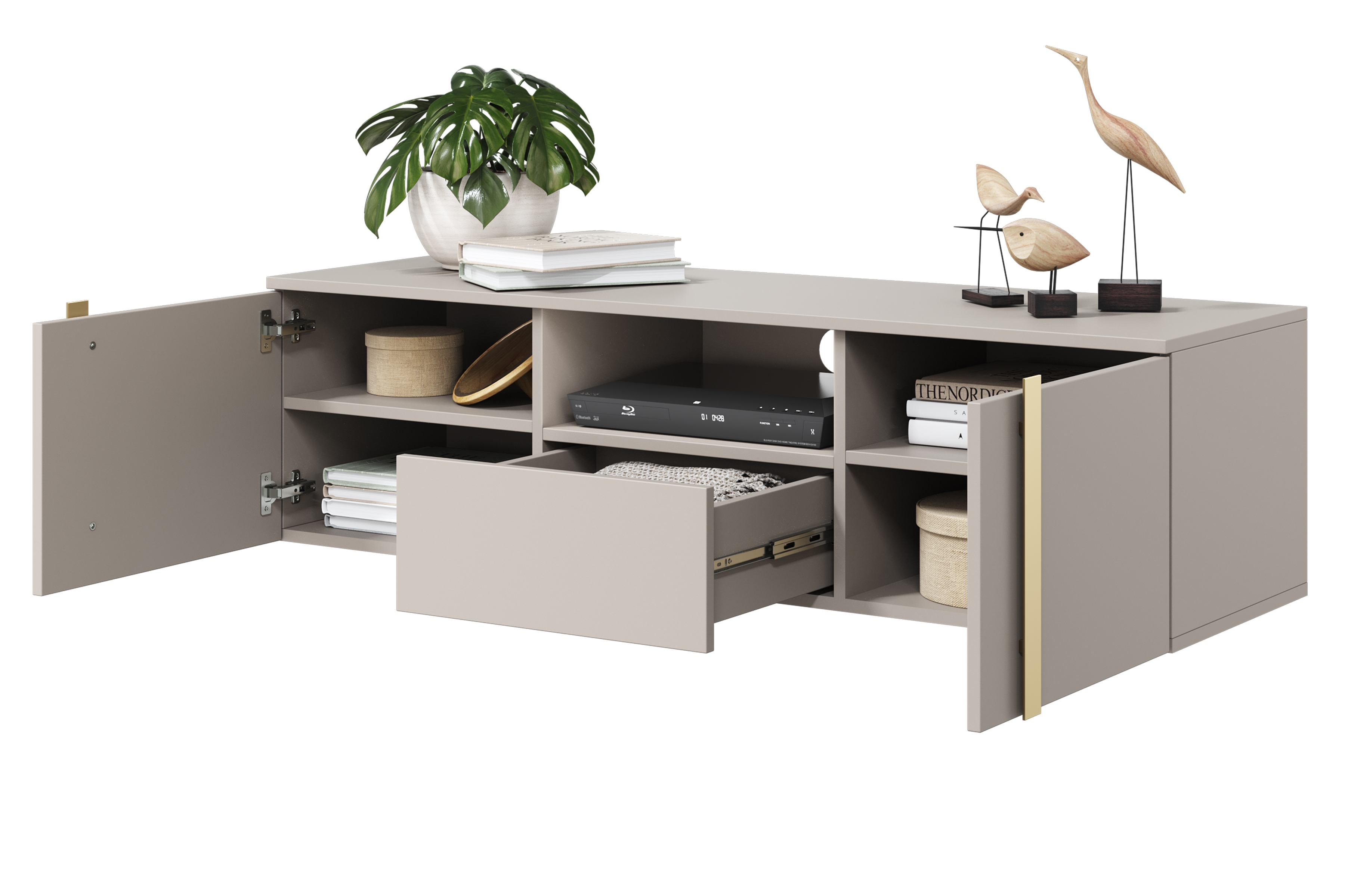 Závesný TV stolík Verica 150 cm s otvorenou policou - kašmírová / zlaté úchytky TV skrinka závesná Verica z wneka i szuflada 150 cm - kašmír / zlote úchyty