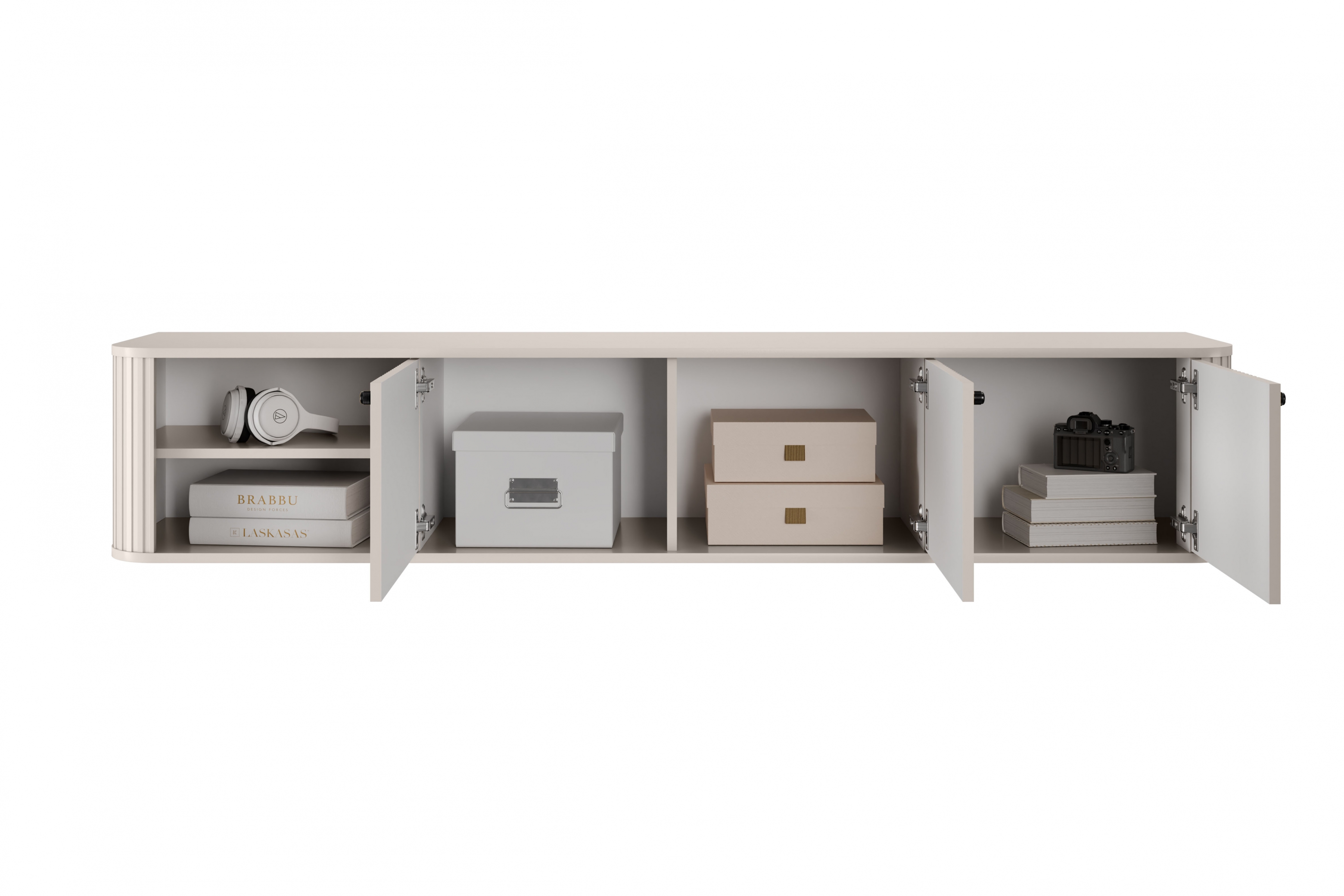 Závěsný TV stolek Vesper 3D 187 cm - kašmírový / černé úchytky skříňka RTV závěsná Vesper 3D 187 cm - kašmír / černá Úchytky