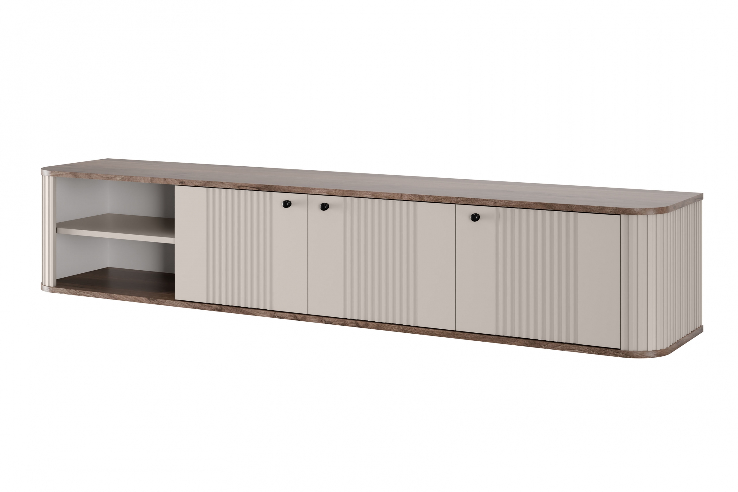 Závesný TV stolík Vespera 3D 187 cm - kašmírová / orech / čierna TV skrinka závesná Vesper 3D 187 cm - kašmír / Orech / čierny úchyty