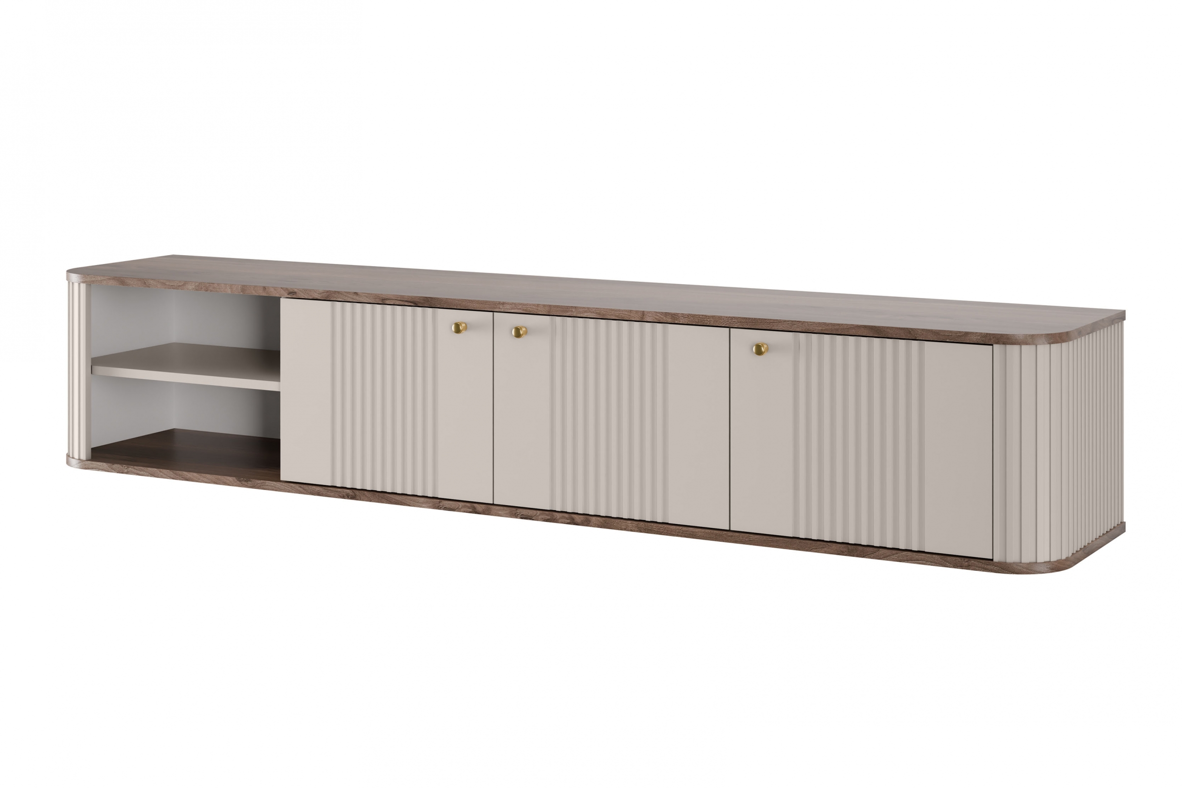 Závesný TV stolík Vespera 3D 187 cm - kašmírová /orech / zlatá TV skrinka závesná Vesper 3D 187 cm - kašmír / Orech / zlote úchyty