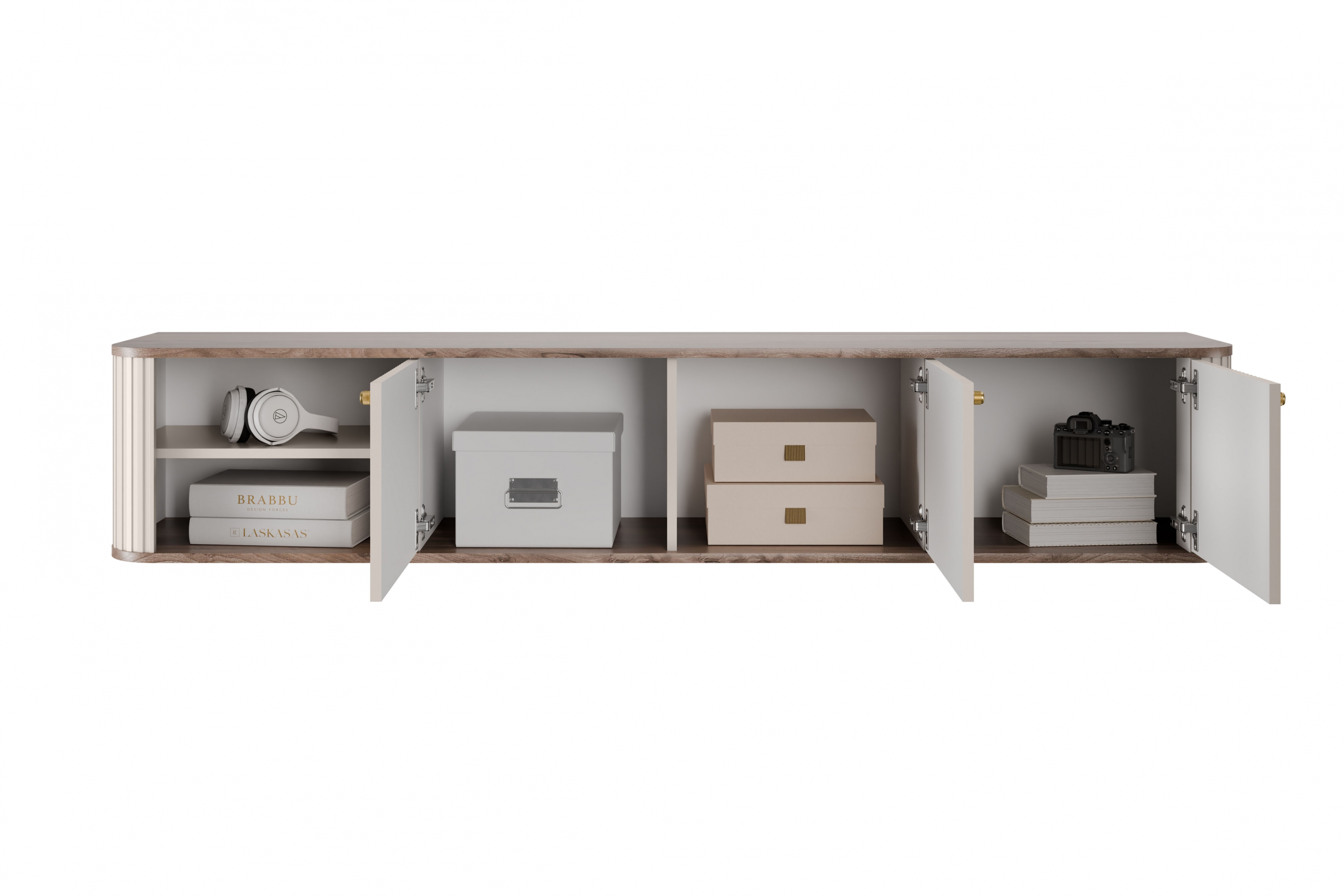 Závesný TV stolík Vespera 3D 187 cm - kašmírová /orech / zlatá TV skrinka závesná Vesper 3D 187 cm - kašmír / Orech / zlote úchyty