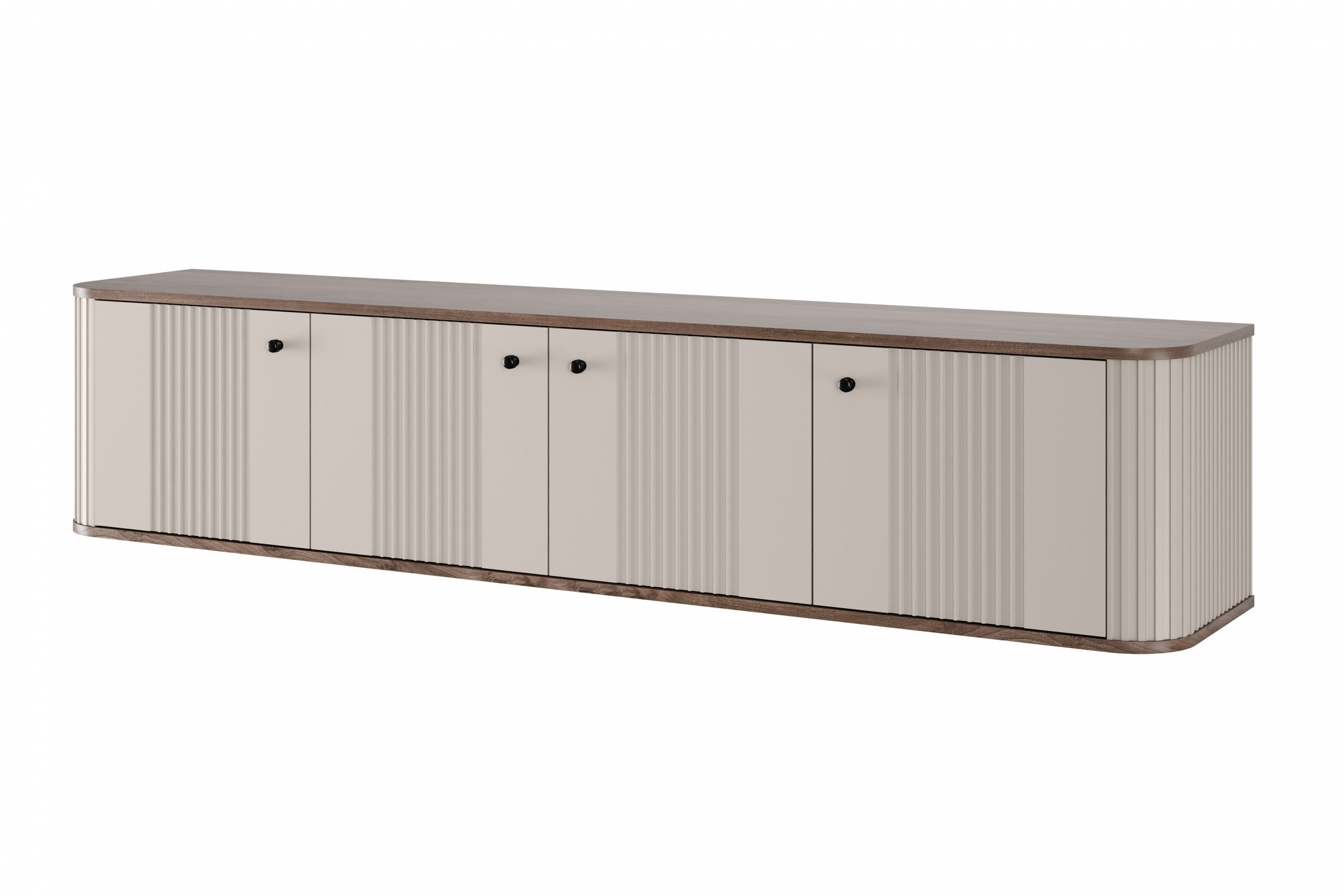 Závěsný TV stolek Vesper 4D 187 cm - kašmírový / dekor ořech / černé úchytky skříňka RTV závěsná Vesper 4D 187 cm - kašmír / ořech / černá Úchytky