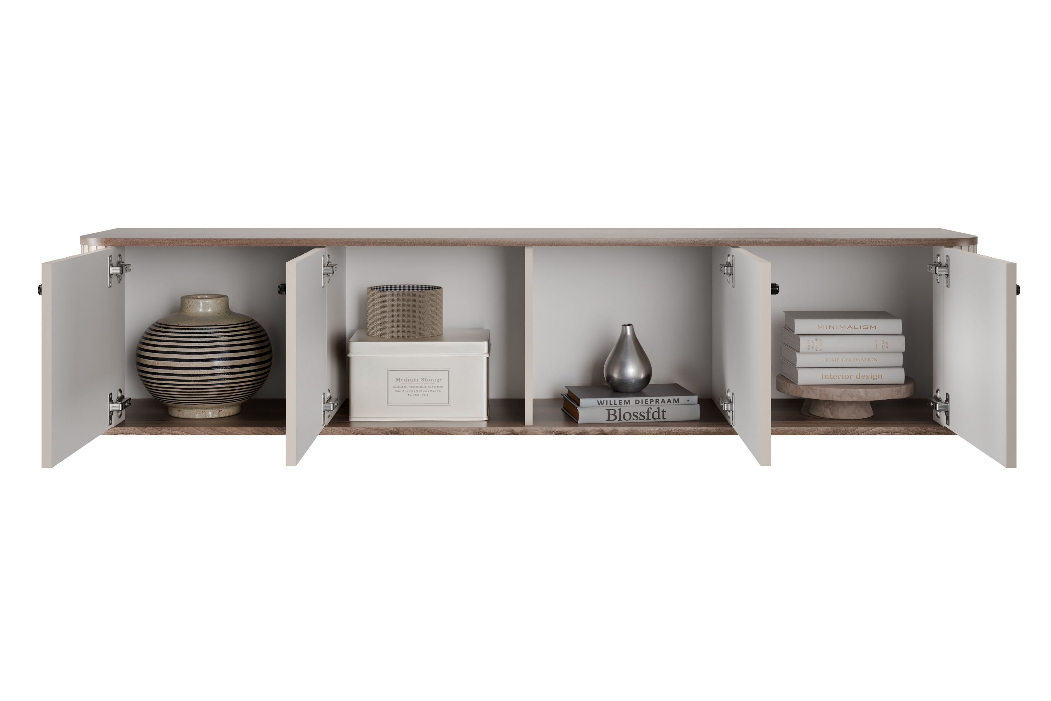 Závěsný TV stolek Vesper 4D 187 cm - kašmírový / dekor ořech / černé úchytky skříňka RTV závěsná Vesper 4D 187 cm - kašmír / ořech / černá Úchytky