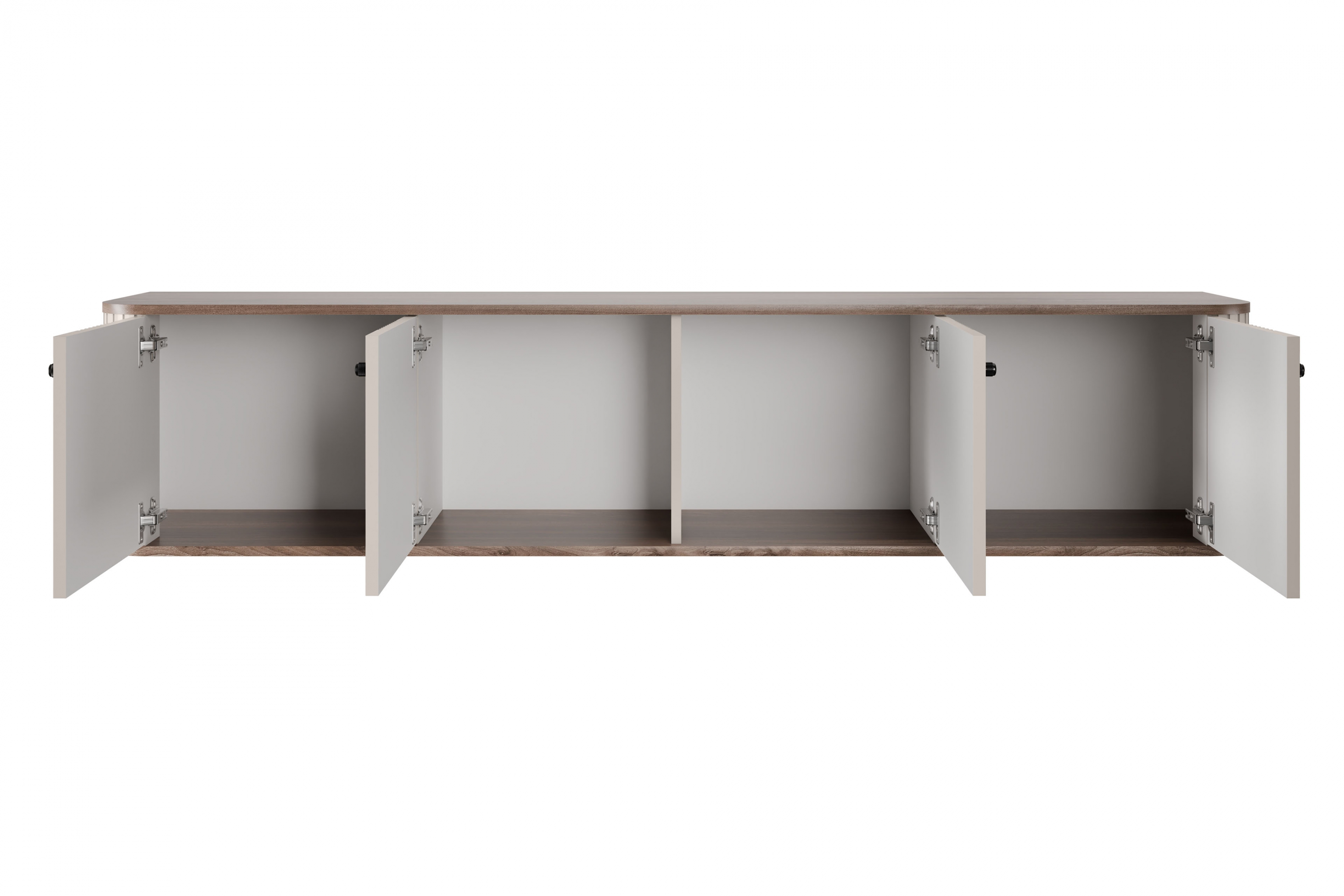 Závěsný TV stolek Vesper 4D 187 cm - kašmírový / dekor ořech / černé úchytky skříňka RTV závěsná Vesper 4D 187 cm - kašmír / ořech / černá Úchytky