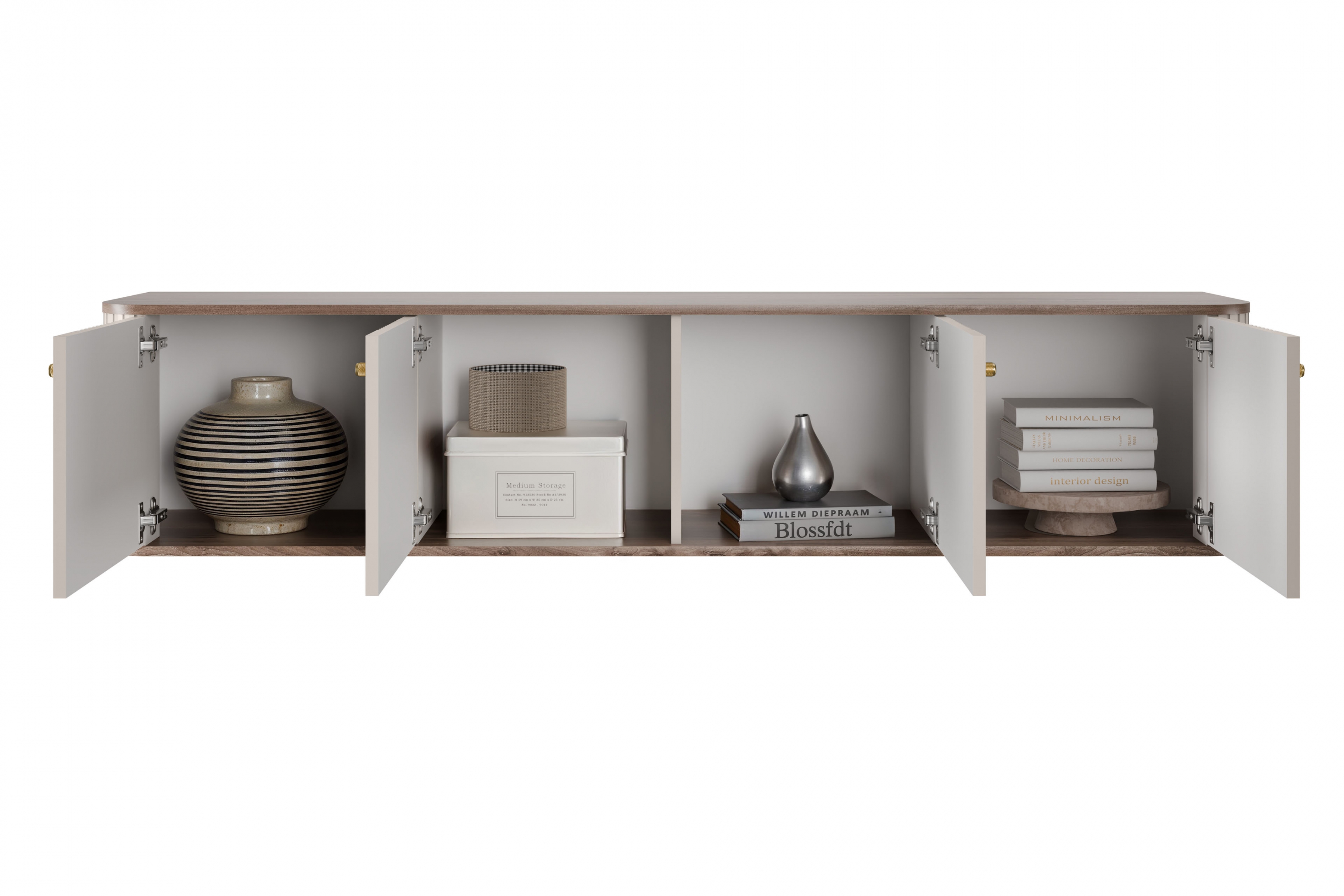 Závesný TV stolík Vespera 4D 187 cm - kašmírová / orech / zlatá TV skrinka závesná Vesper 4D 187 cm - kašmír / Orech / zlote úchyty