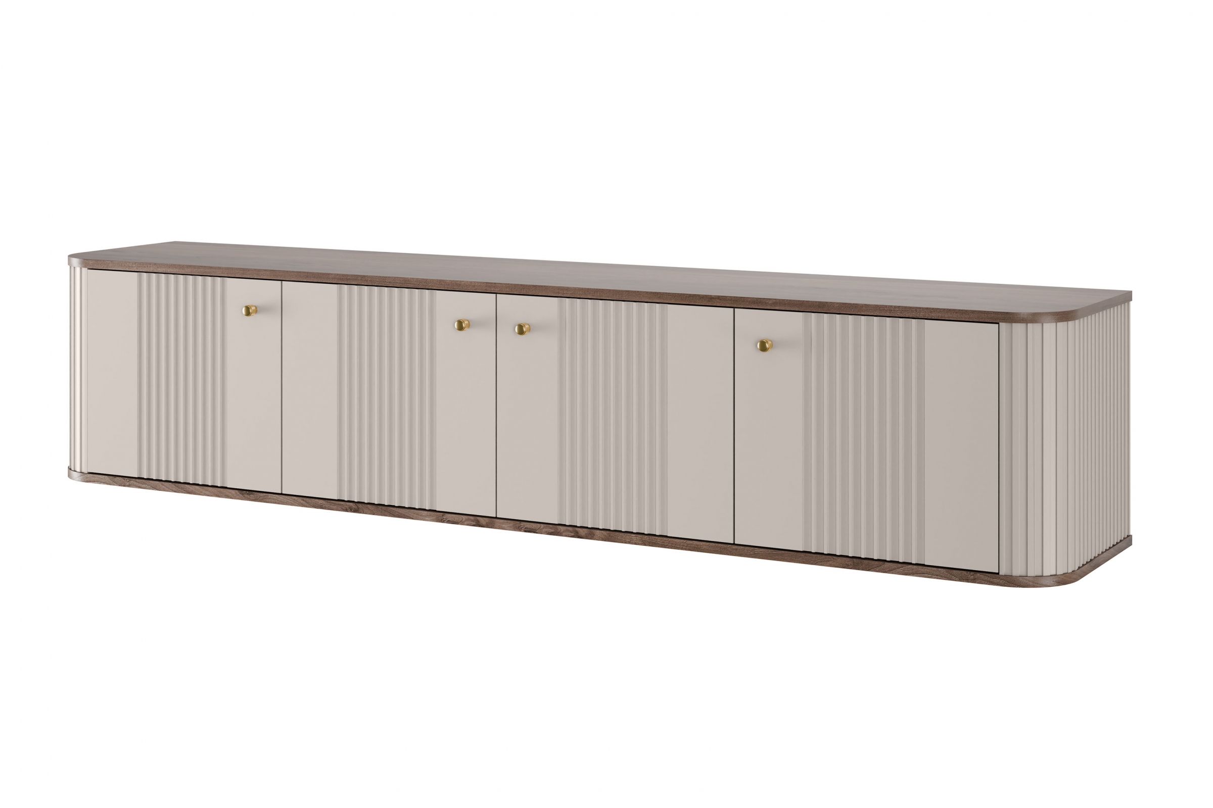 Závesný TV stolík Vespera 4D 187 cm - kašmírová / orech / zlatá TV skrinka závesná Vesper 4D 187 cm - kašmír / Orech / zlote úchyty