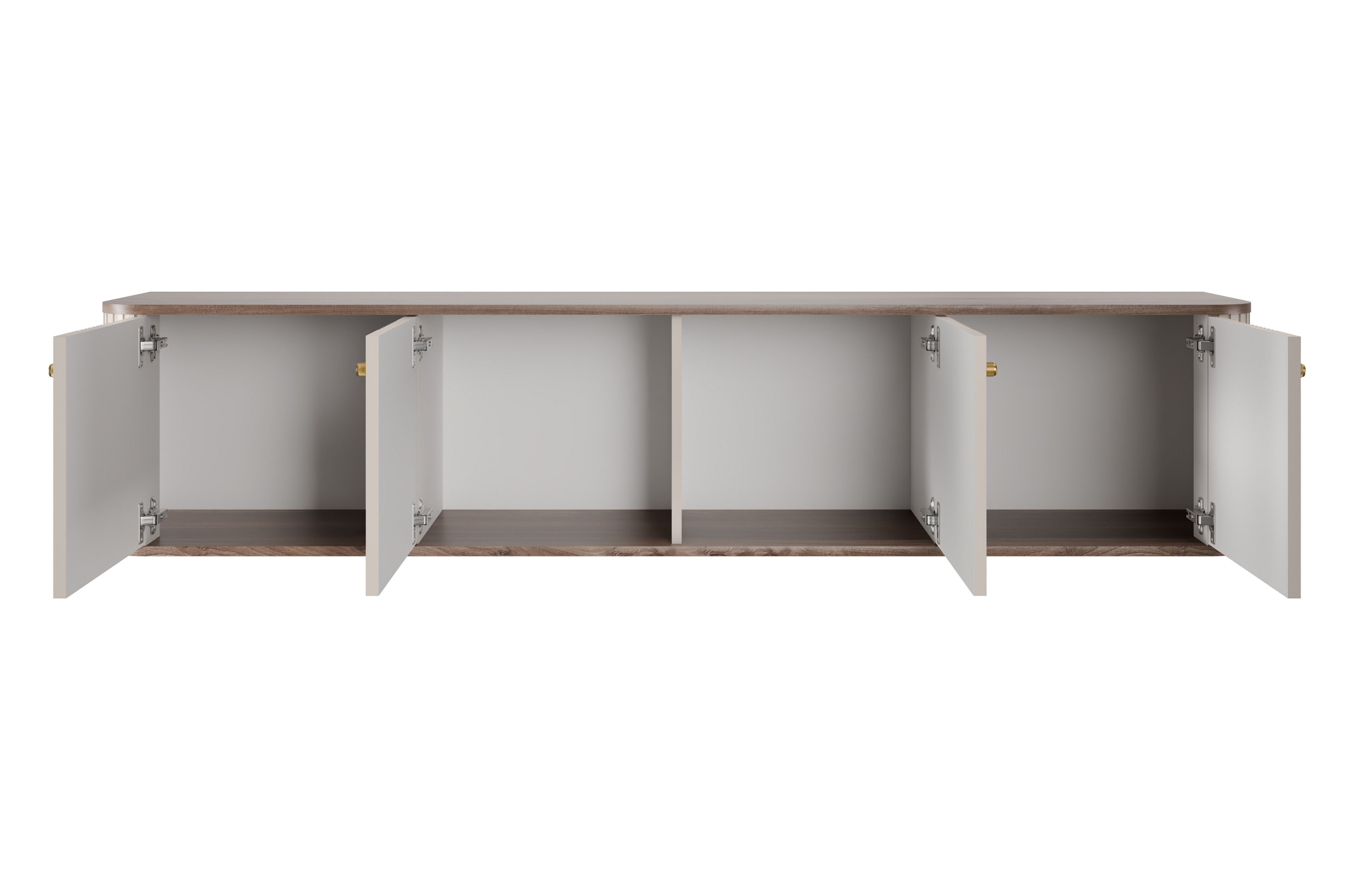 Závesný TV stolík Vespera 4D 187 cm - kašmírová / orech / zlatá TV skrinka závesná Vesper 4D 187 cm - kašmír / Orech / zlote úchyty