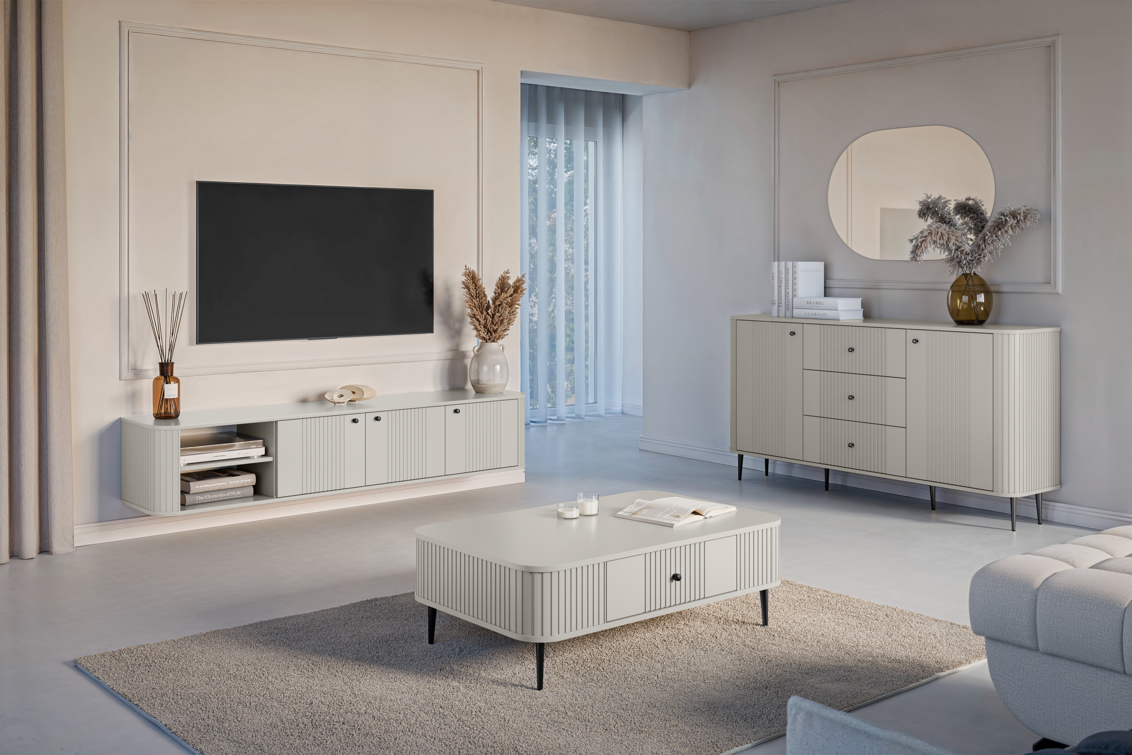 Závěsný TV stolek Vesper 3D 187 cm - kašmírový / černé úchytky Skříňka RTV závěsná Vespera 3D 187 cm - kašmír / černá Úchytky