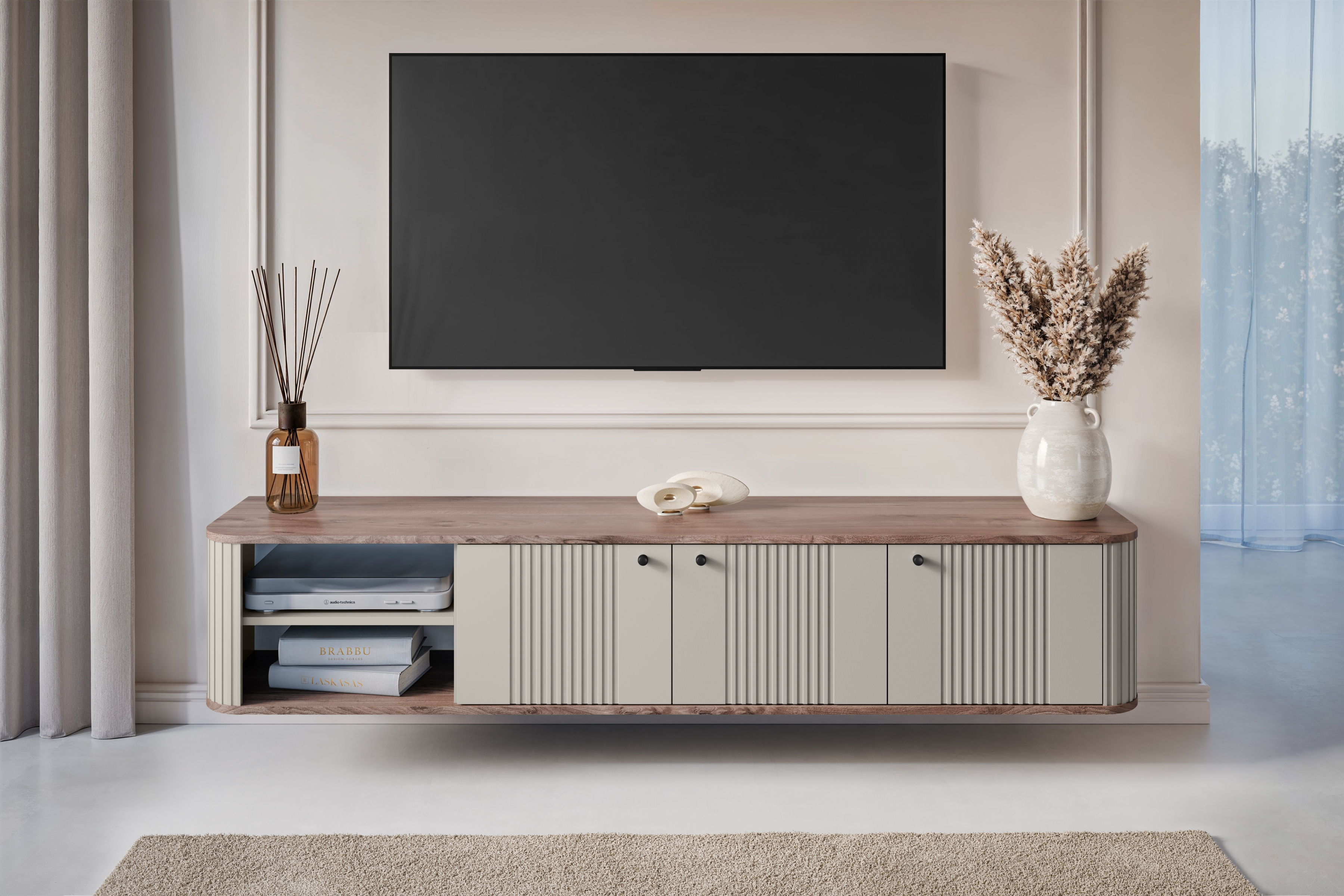 Závesný TV stolík Vespera 3D 187 cm - kašmírová / orech / čierna TV skrinka závesná Vespera 3D 187 cm - kašmír / Orech / čierny úchyty