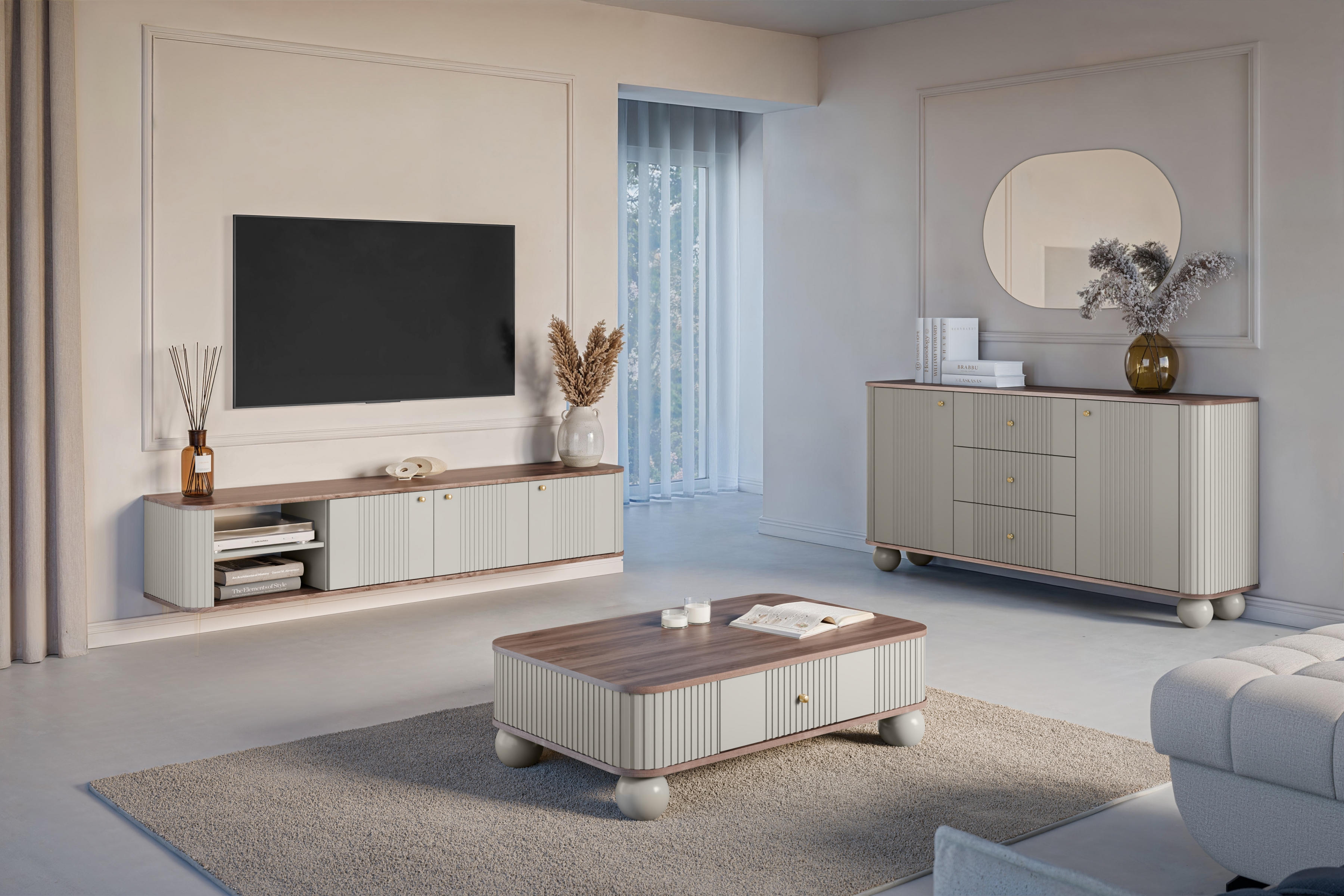 Závesný TV stolík Vespera 3D 187 cm - kašmírová /orech / zlatá TV skrinka závesná Vespera 3D 187 cm - kašmír / Orech / zlote úchyty