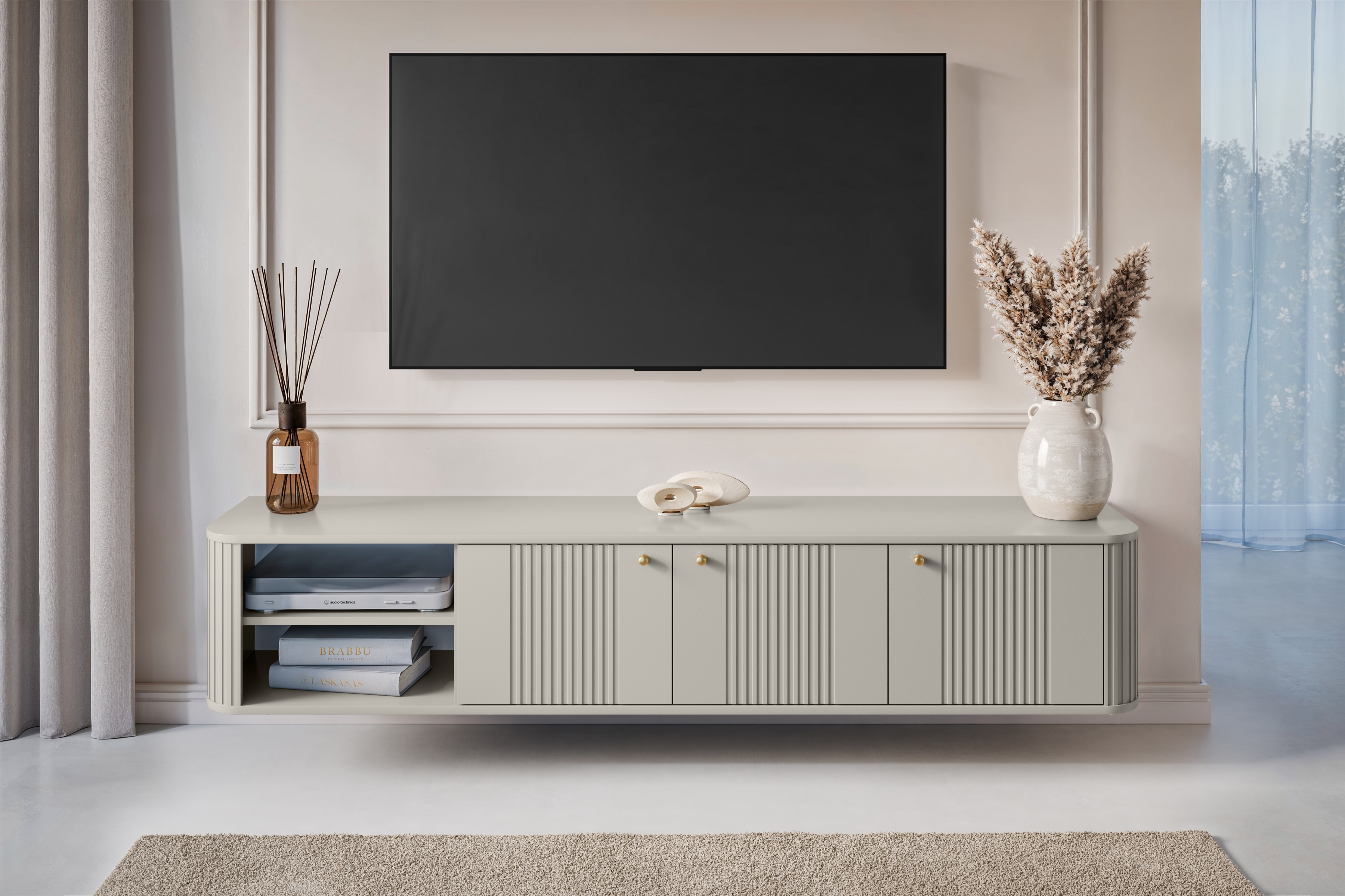 Závěsný TV stolek Vesper 3D 187 cm - kašmírový / zlaté úchytky Skříňka RTV závěsná Vespera 3D 187 cm - kašmír / zlaté Úchytky