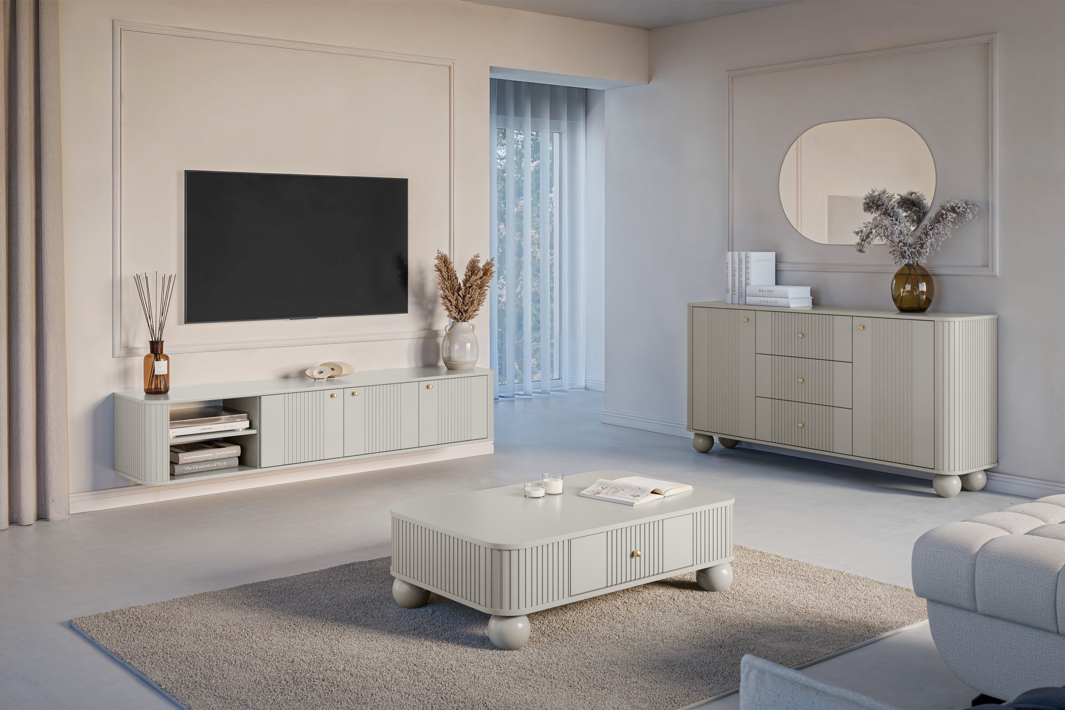 Závěsný TV stolek Vesper 3D 187 cm - kašmírový / zlaté úchytky Skříňka RTV závěsná Vespera 3D 187 cm - kašmír / zlaté Úchytky