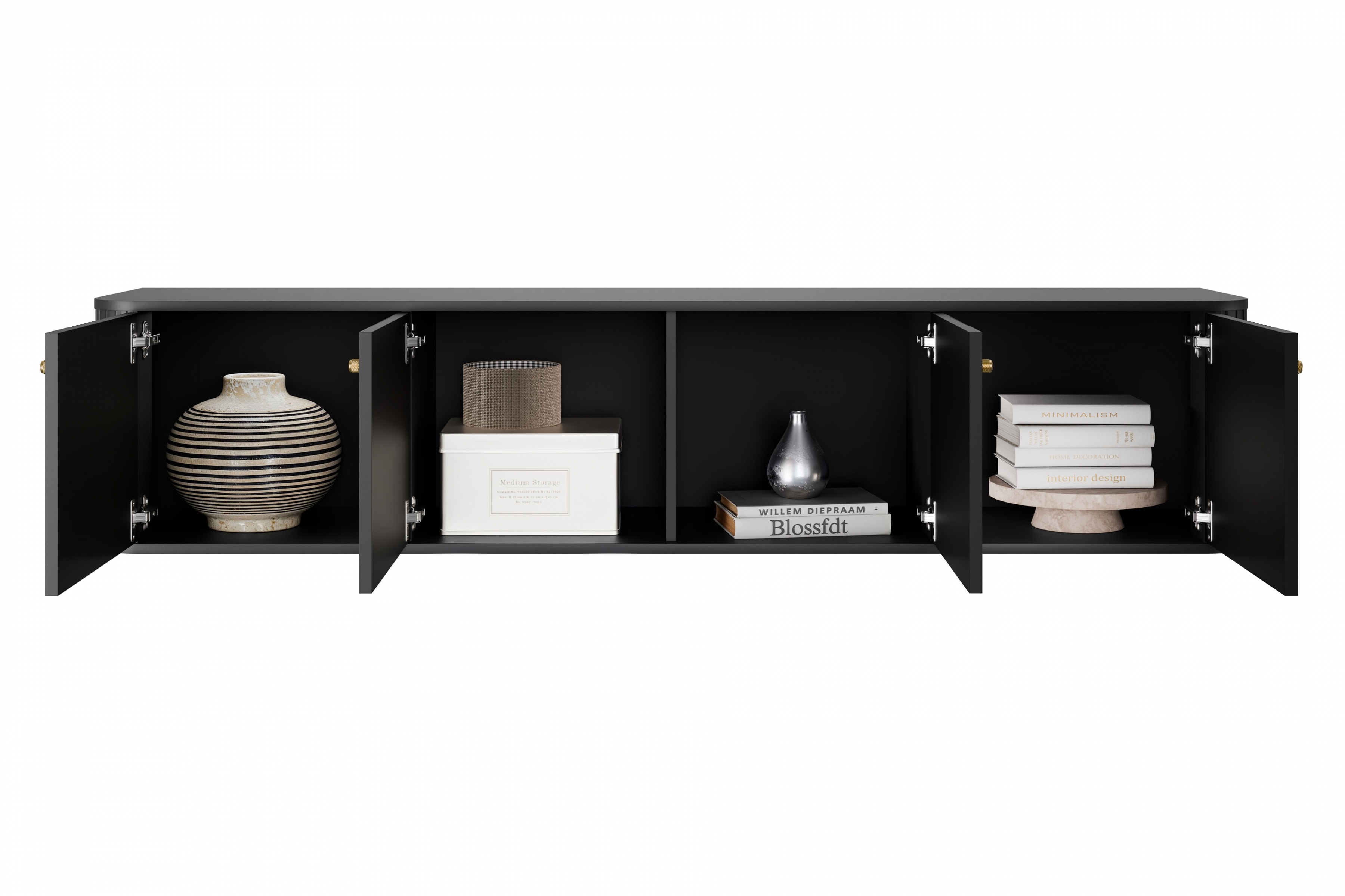 Závěsný TV stolek Vesper 4D 187 cm - černý / zlaté úchytky Skříňka RTV závěsná Vespera 4D 187 cm - černá / zlaté Úchytky