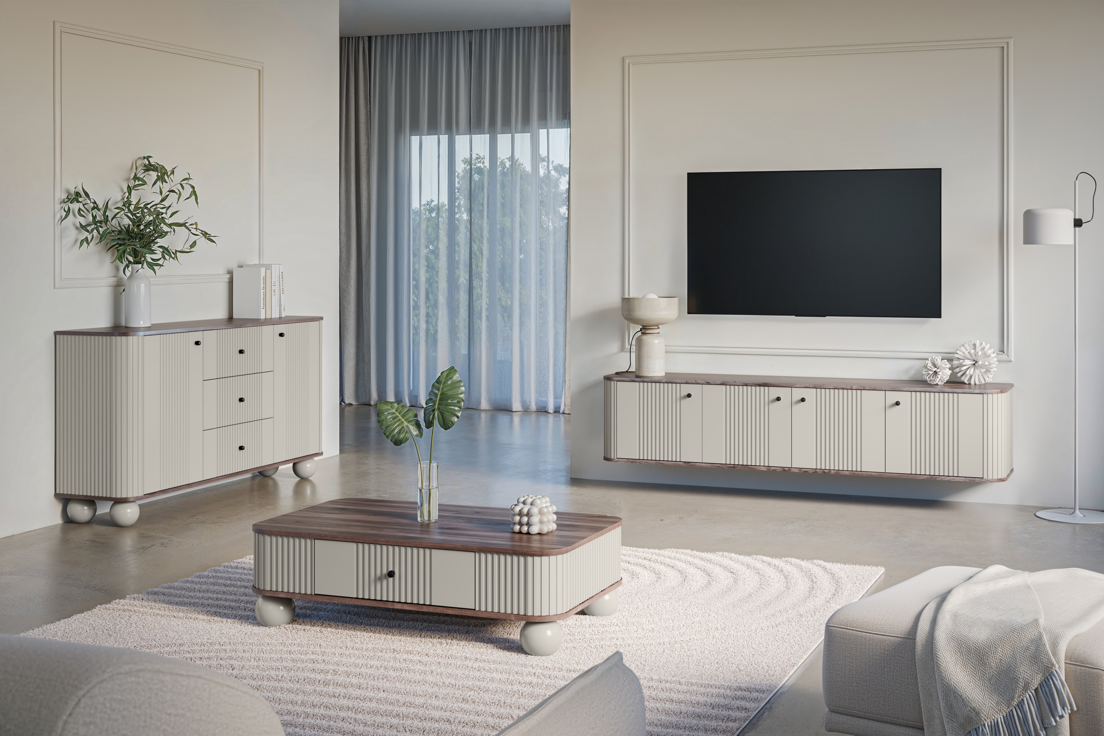 Závěsný TV stolek Vesper 4D 187 cm - kašmírový / dekor ořech / černé úchytky Skříňka RTV závěsná Vespera 4D 187 cm - kašmír / ořech / černá Úchytky