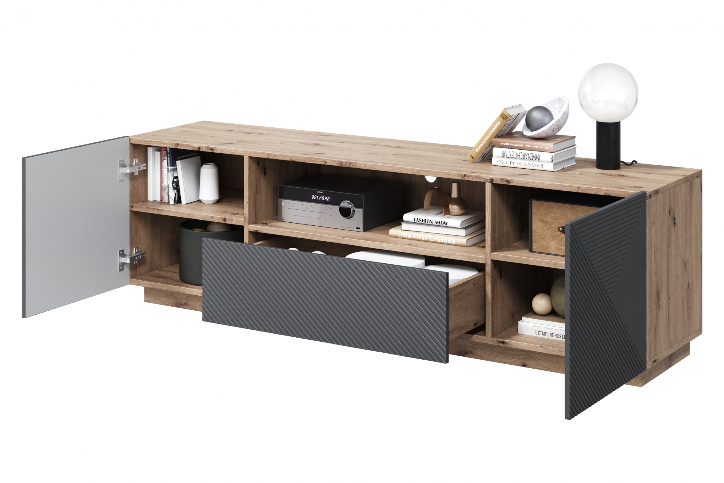 TV stolek Asha 167 cm - dub artisan / rivier stone mat skříňka RTV z szuflada Asha 167 cm - artisan / rivier stone mat