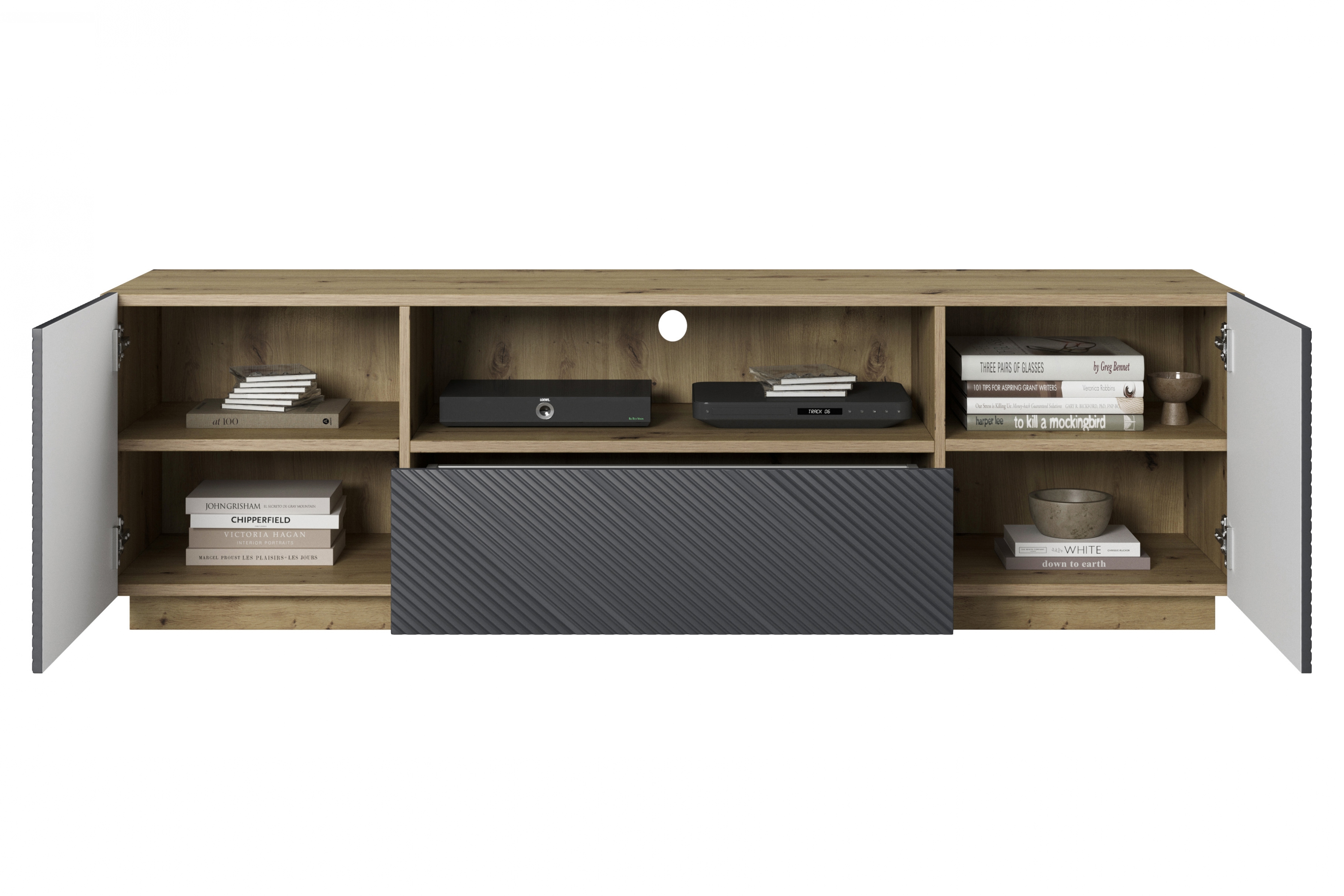 TV stolek Asha 167 cm - dub artisan / rivier stone mat skříňka RTV z szuflada Asha 167 cm - artisan / rivier stone mat