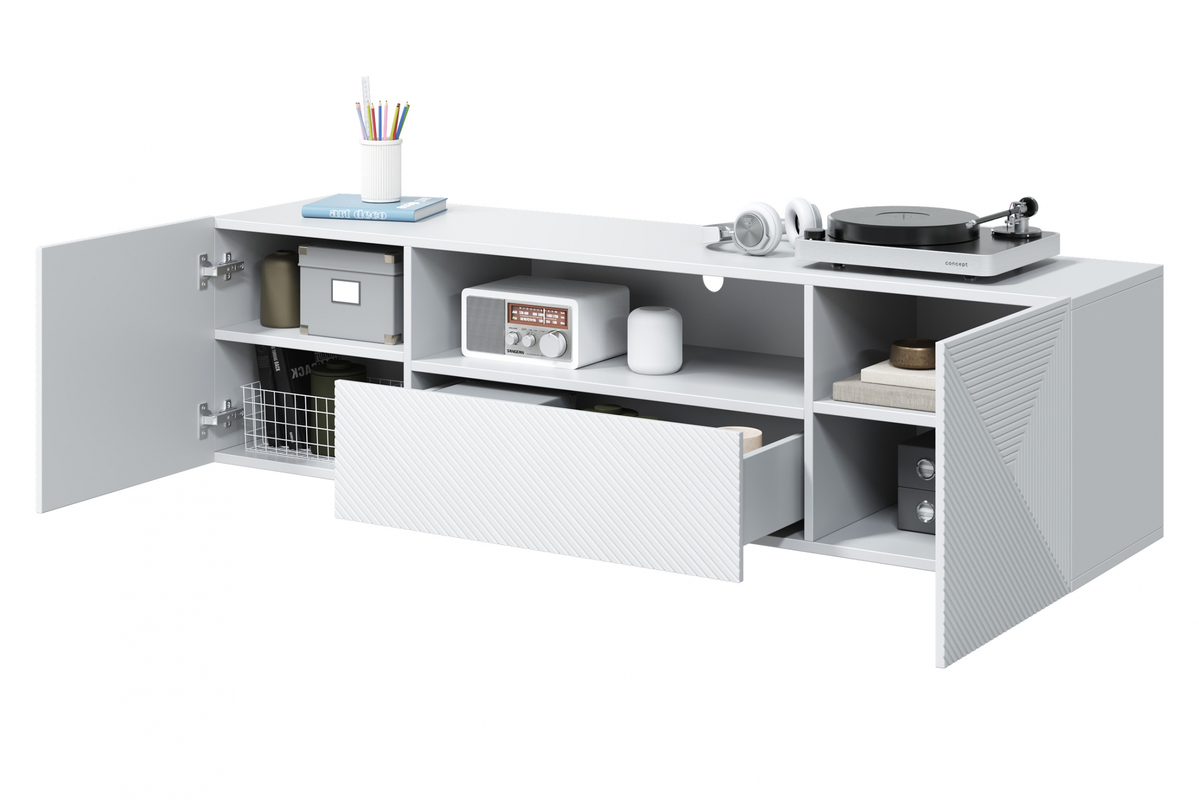 Závěsný TV stolek Asha 167 cm - bílý mat skříňka RTV z szuflada Asha 167 cm - bílý mat