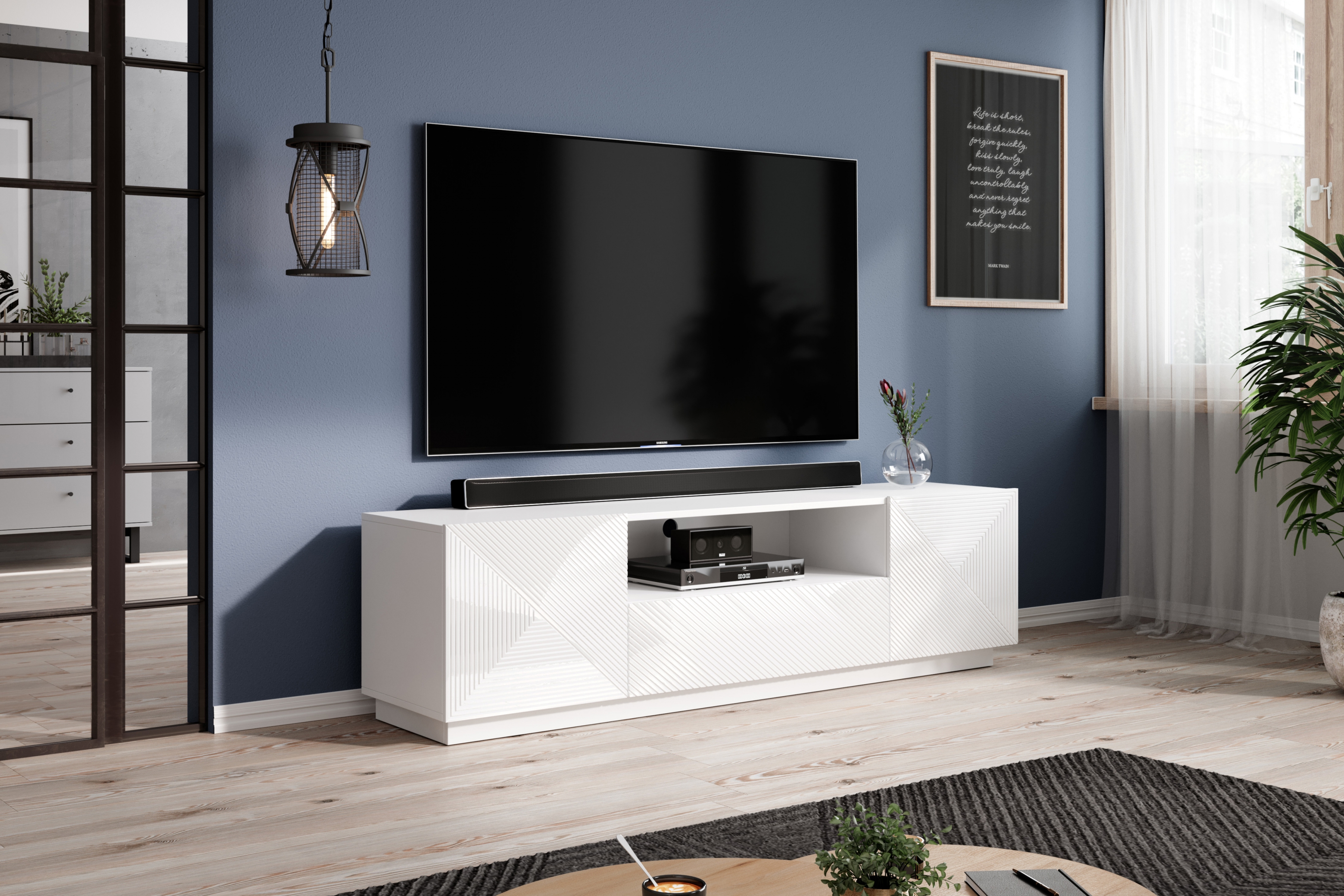 TV stolek Asha 167 cm - bílý lesk skříňka RTV z szuflada Asha 167 cm - bílý lesk