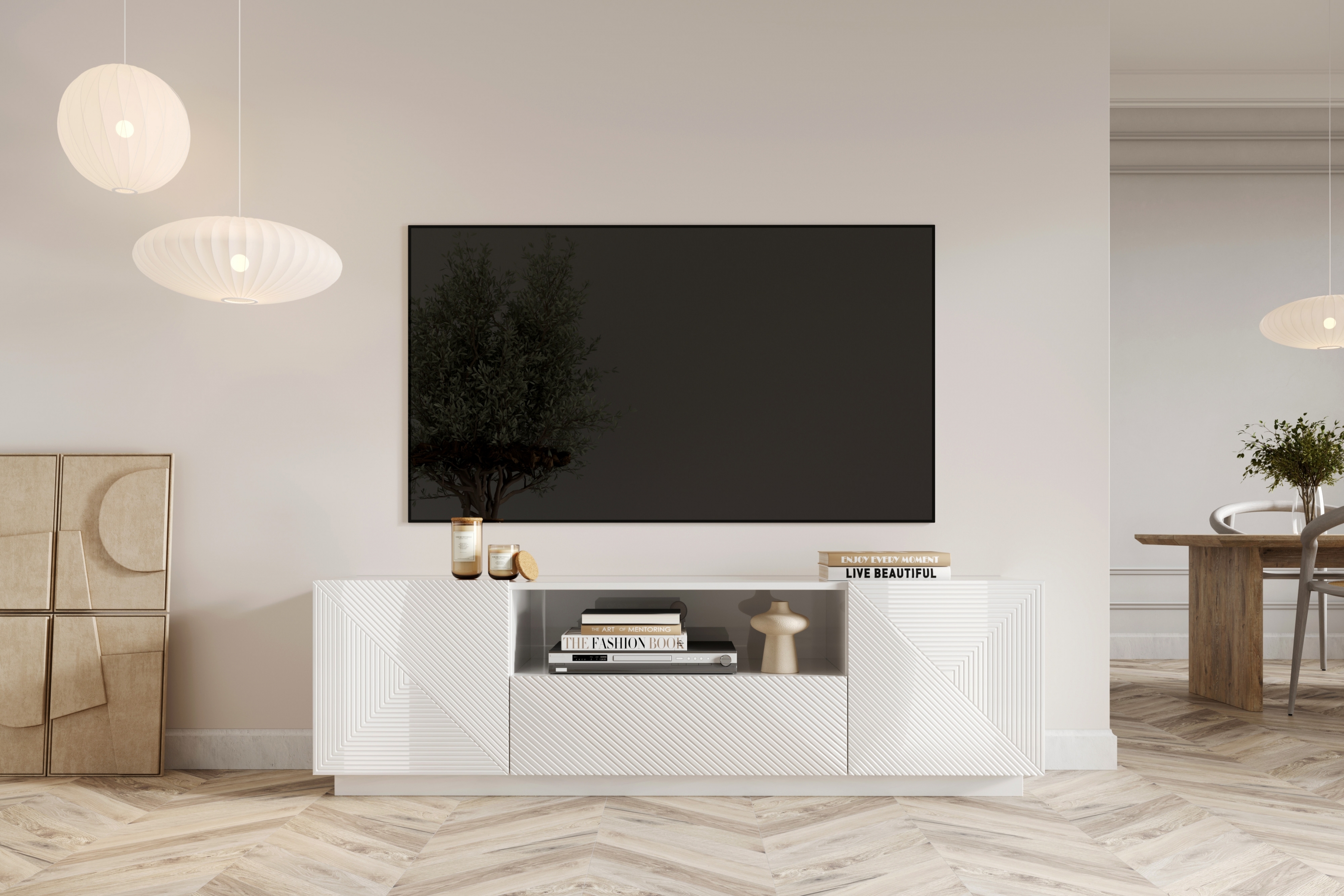 TV stolek Asha 167 cm - bílý lesk skříňka RTV z szuflada Asha 167 cm - bílý lesk