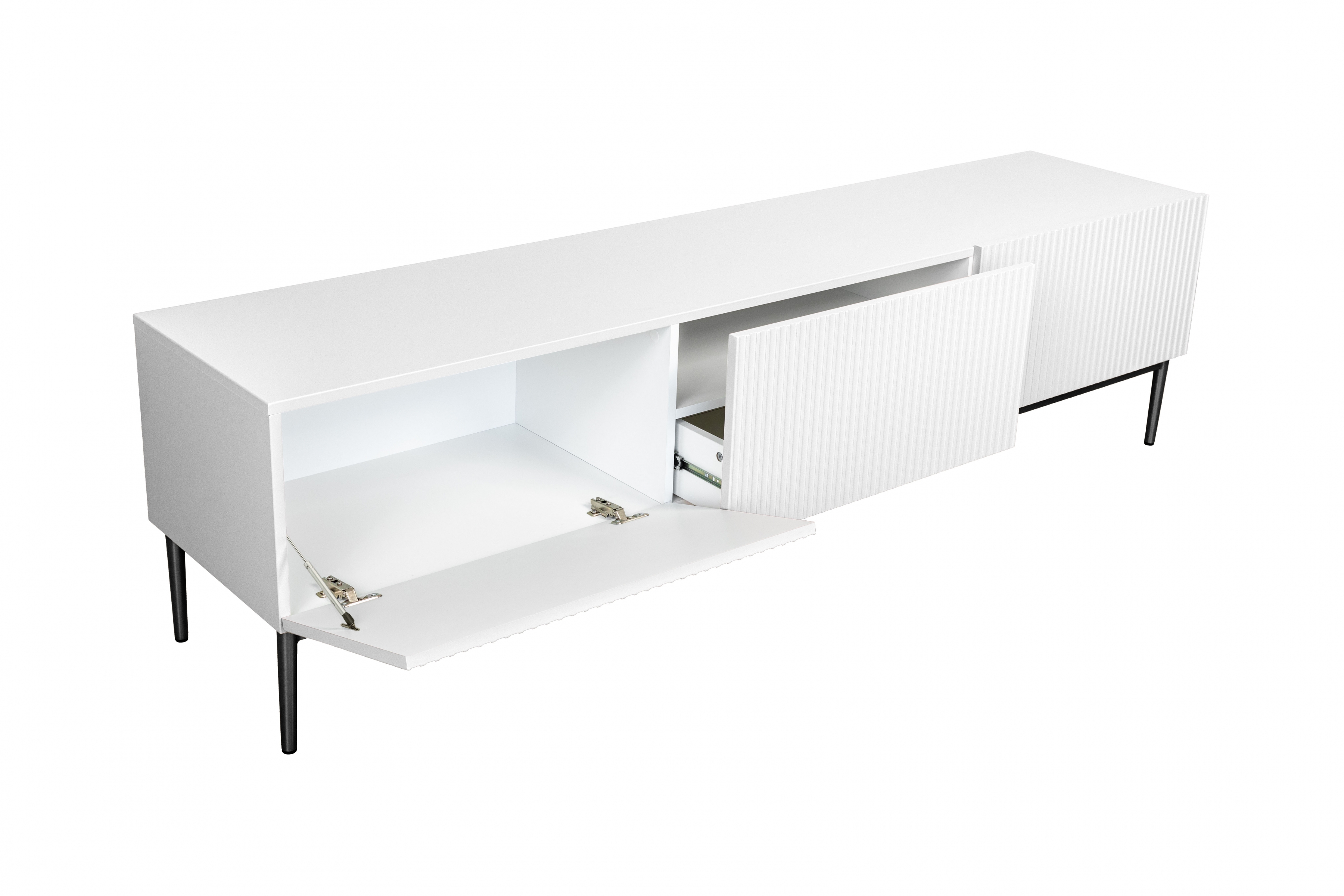 TV stolek Nicole 200 cm - bílý mat / černé nožky skříňka RTV z szuflada Nicole 200 cm - bílý mat / černá nozki