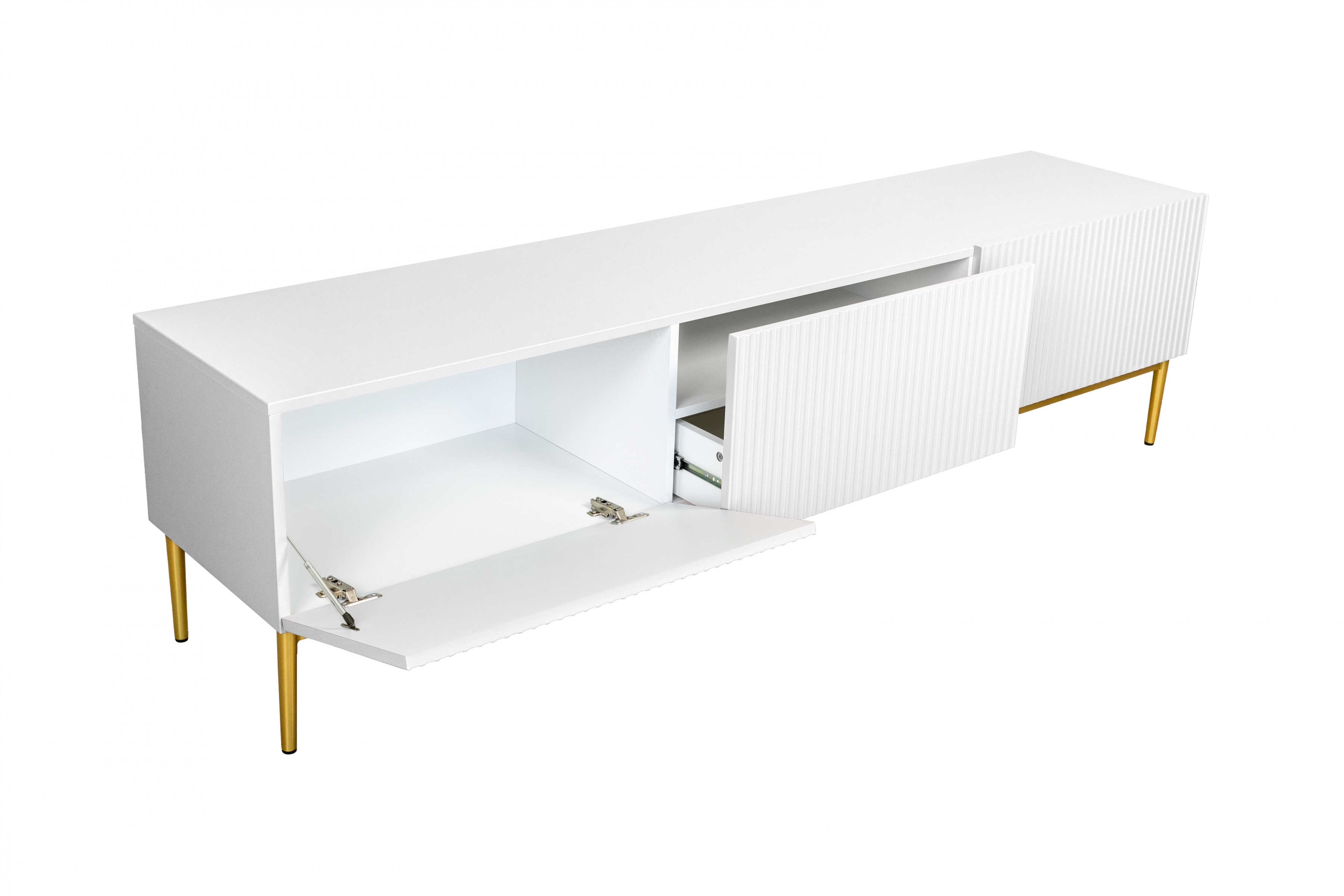 TV stolík Nicole 200 cm - biely mat / zlaté nožičky TV skrinka z szuflada Nicole 200 cm - biely mat / zlote nozki